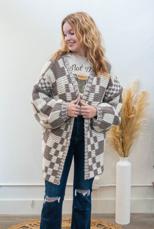 Mixed Check Chunky Cardigan Mocha & Cream