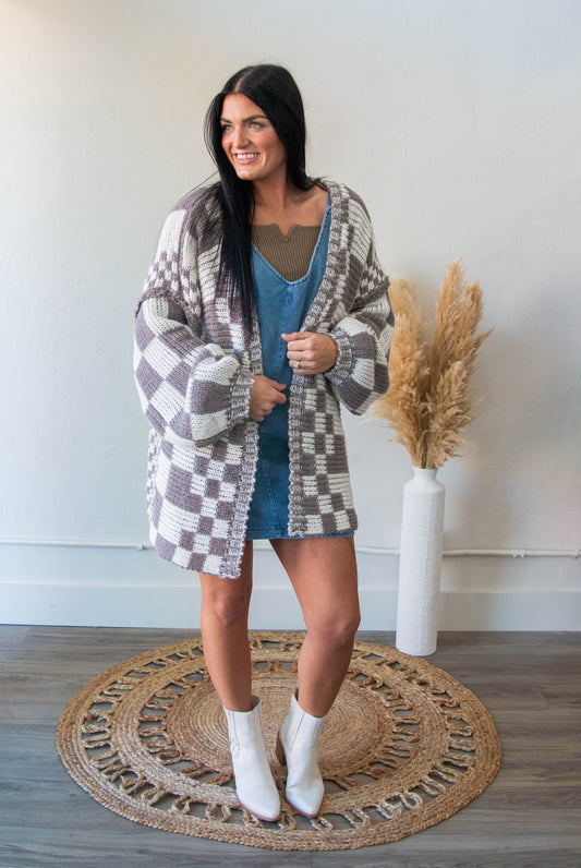 Mixed Check Chunky Cardigan Mocha & Cream