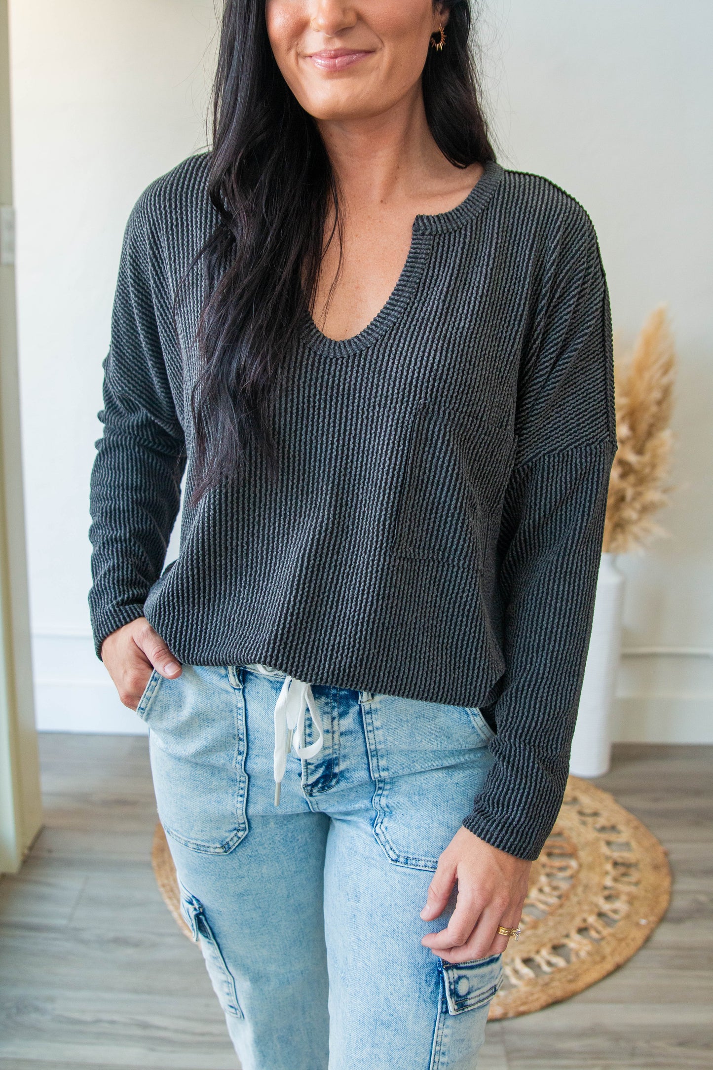 Ribbed Pocket Long Sleeve Charcoal