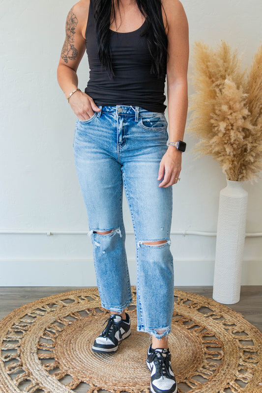 Aria High Rise Distressed Straight Jean