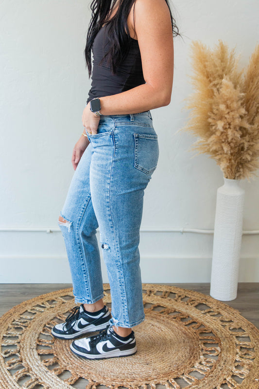 Aria High Rise Distressed Straight Jean