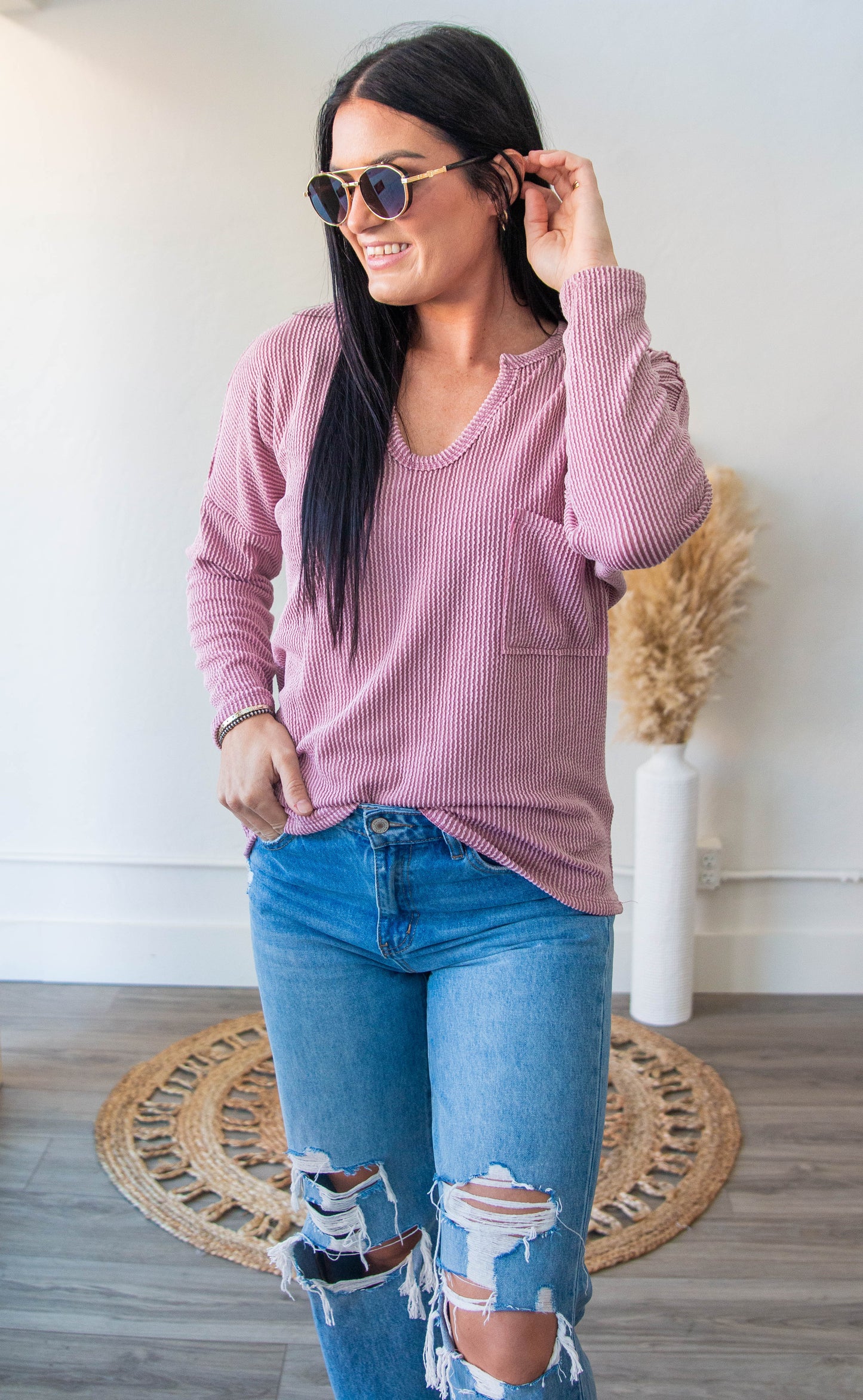 Ribbed Pocket Long Sleeve Dusty Mauve