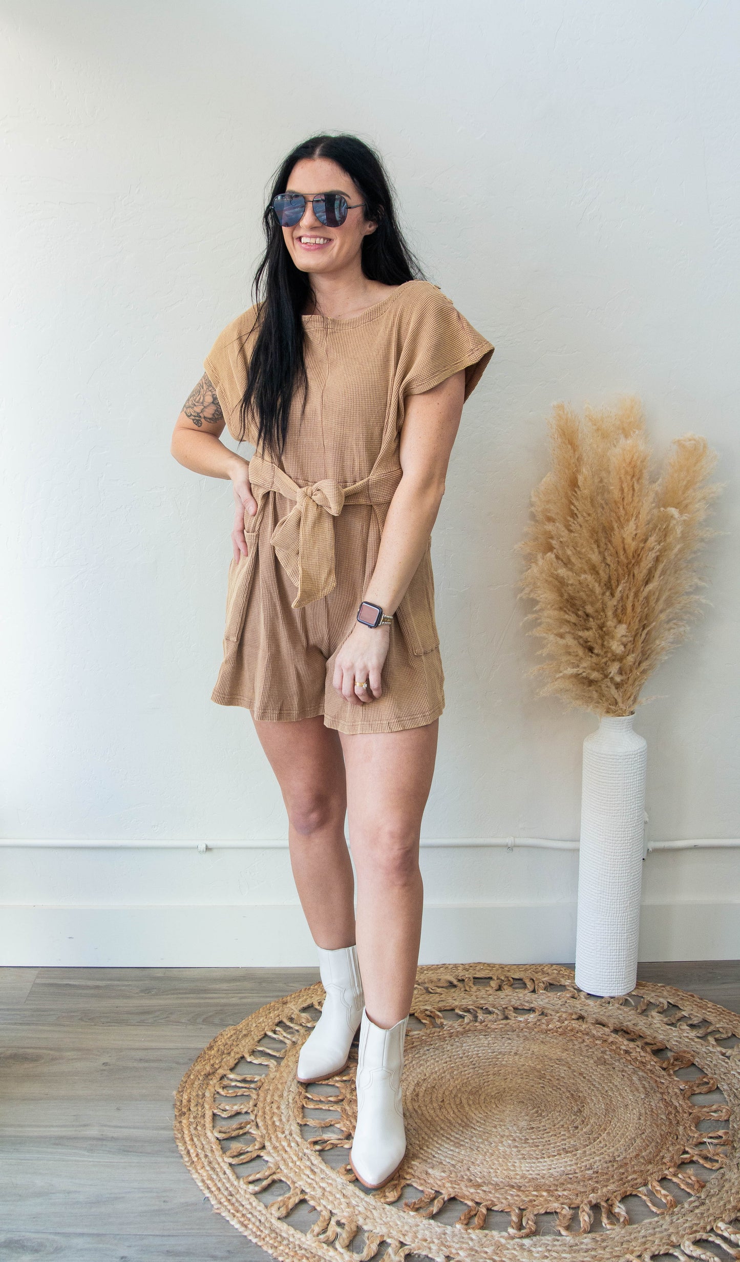 Acid Wash Waffle Knit Romper Mocha