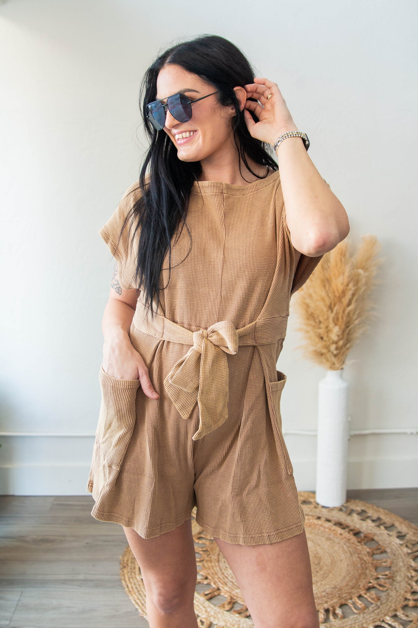 Acid Wash Waffle Knit Romper Mocha