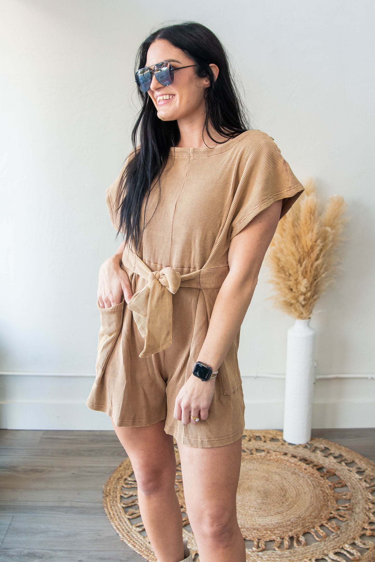 Acid Wash Waffle Knit Romper Mocha