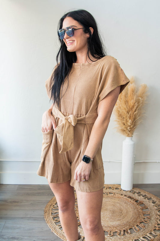 Acid Wash Waffle Knit Romper Mocha