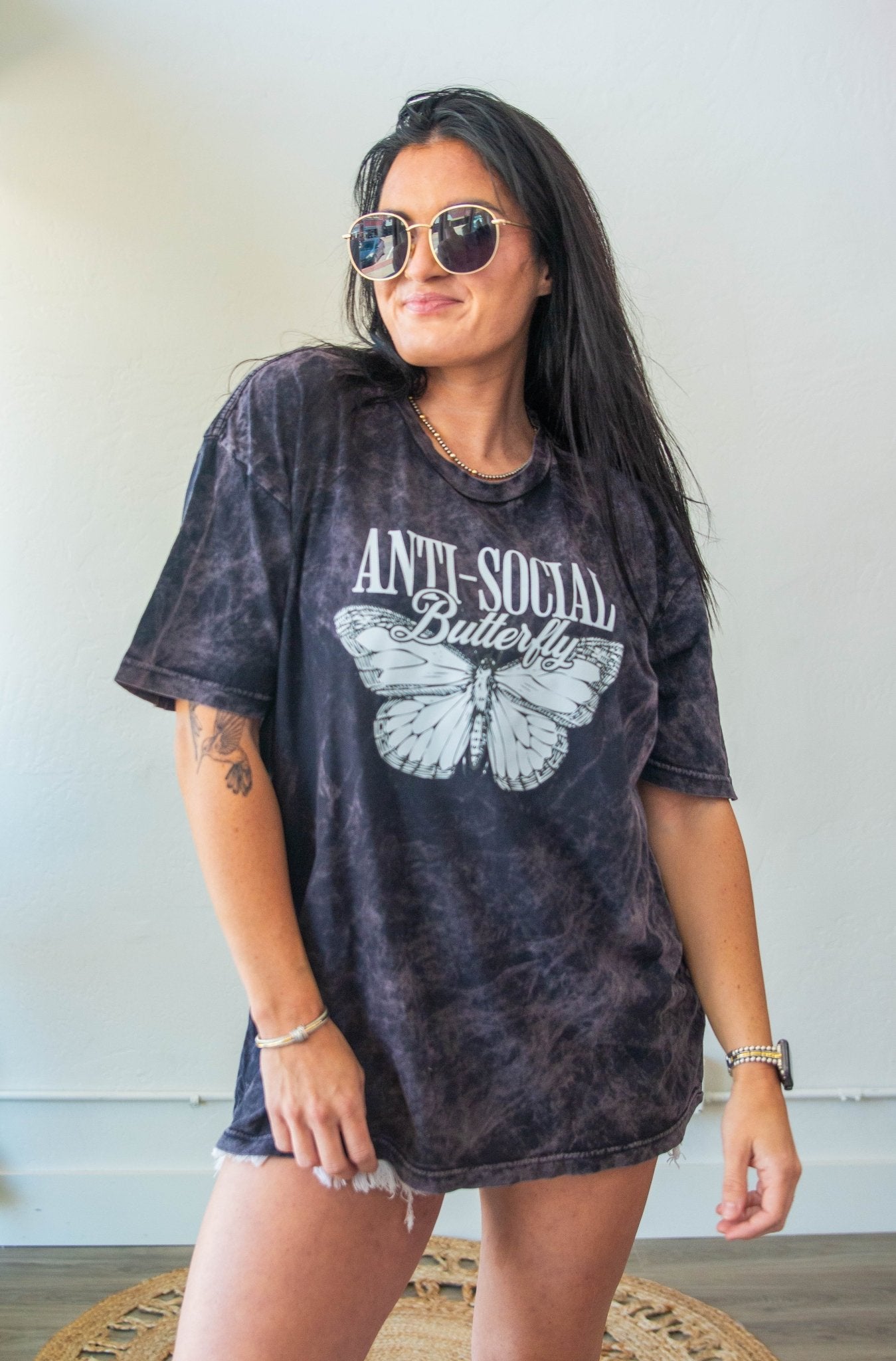 Anti - Social Butterfly Mineral Wash Graphic Tee - Southern Chic Tees & Boutique