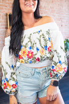 Aria Floral Embroidered Off - The - Shoulder Smocked Crop Top - Southern Chic Tees & Boutique