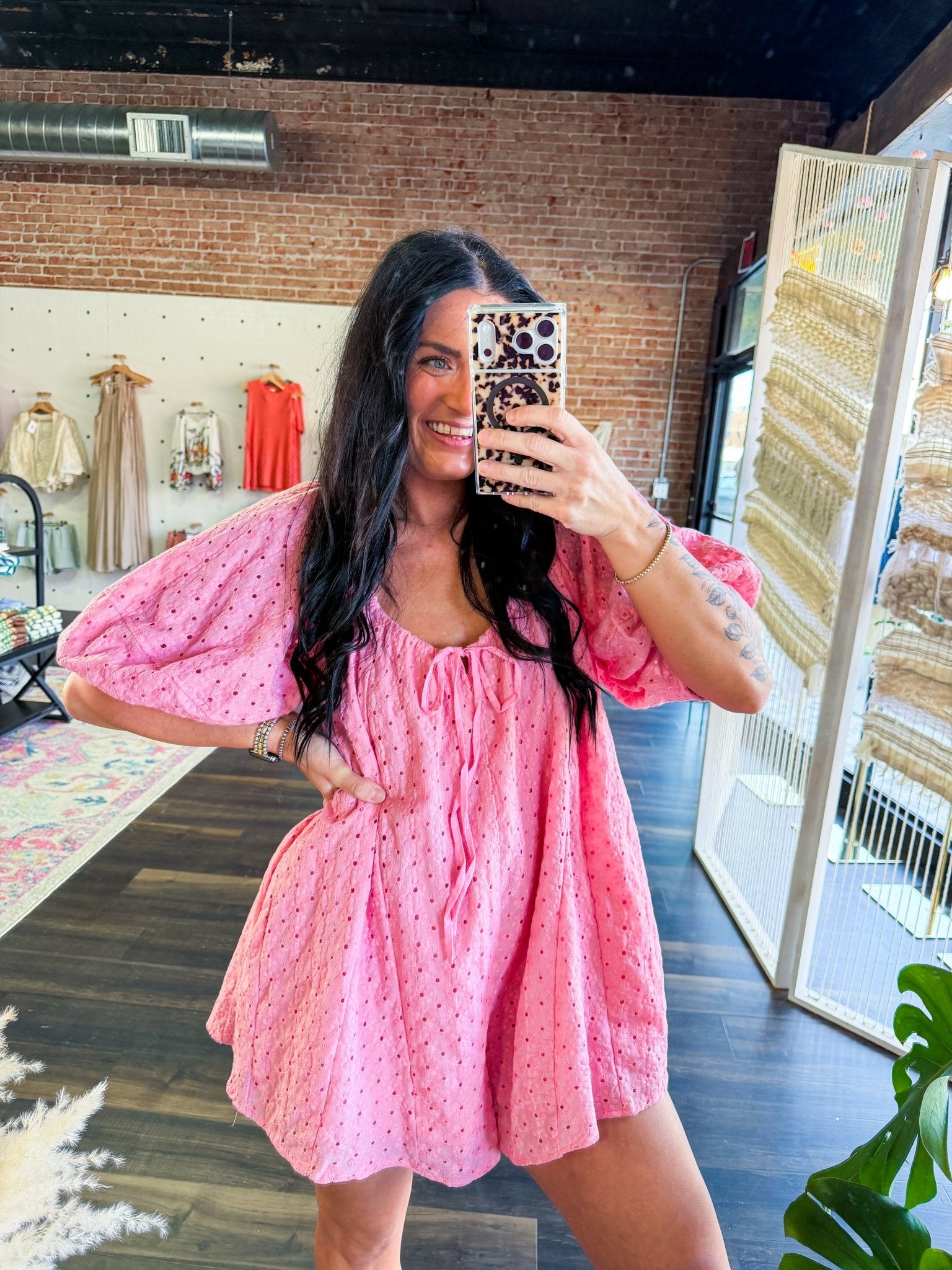 Aura Eyelet Babydoll Romper | Flowy Puff Sleeve Summer Romper | Rose Pink - Southern Chic Tees & Boutique