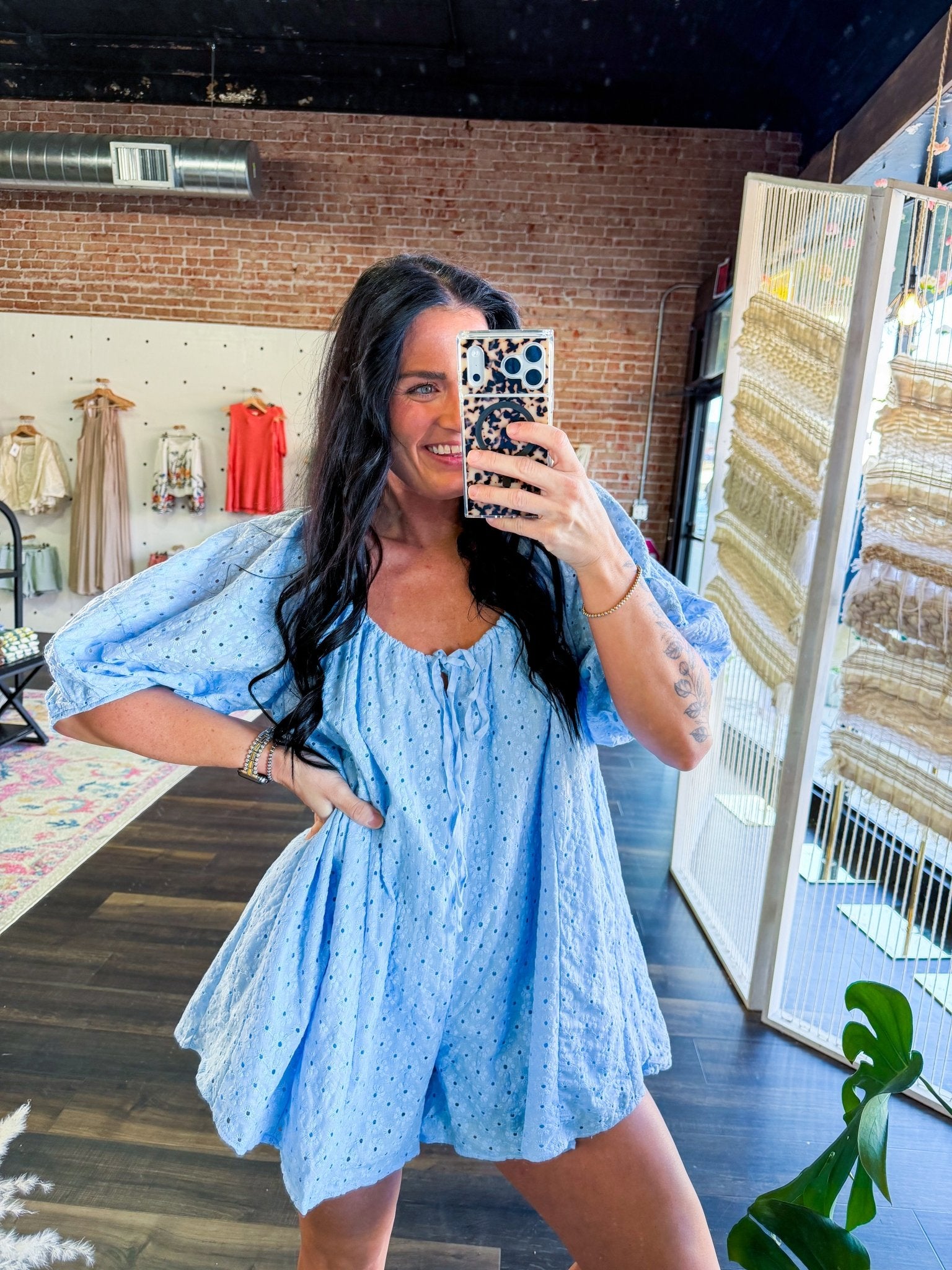 Aura Eyelet Babydoll Romper | Flowy Puff Sleeve Summer Romper | Sky Blue - Southern Chic Tees & Boutique