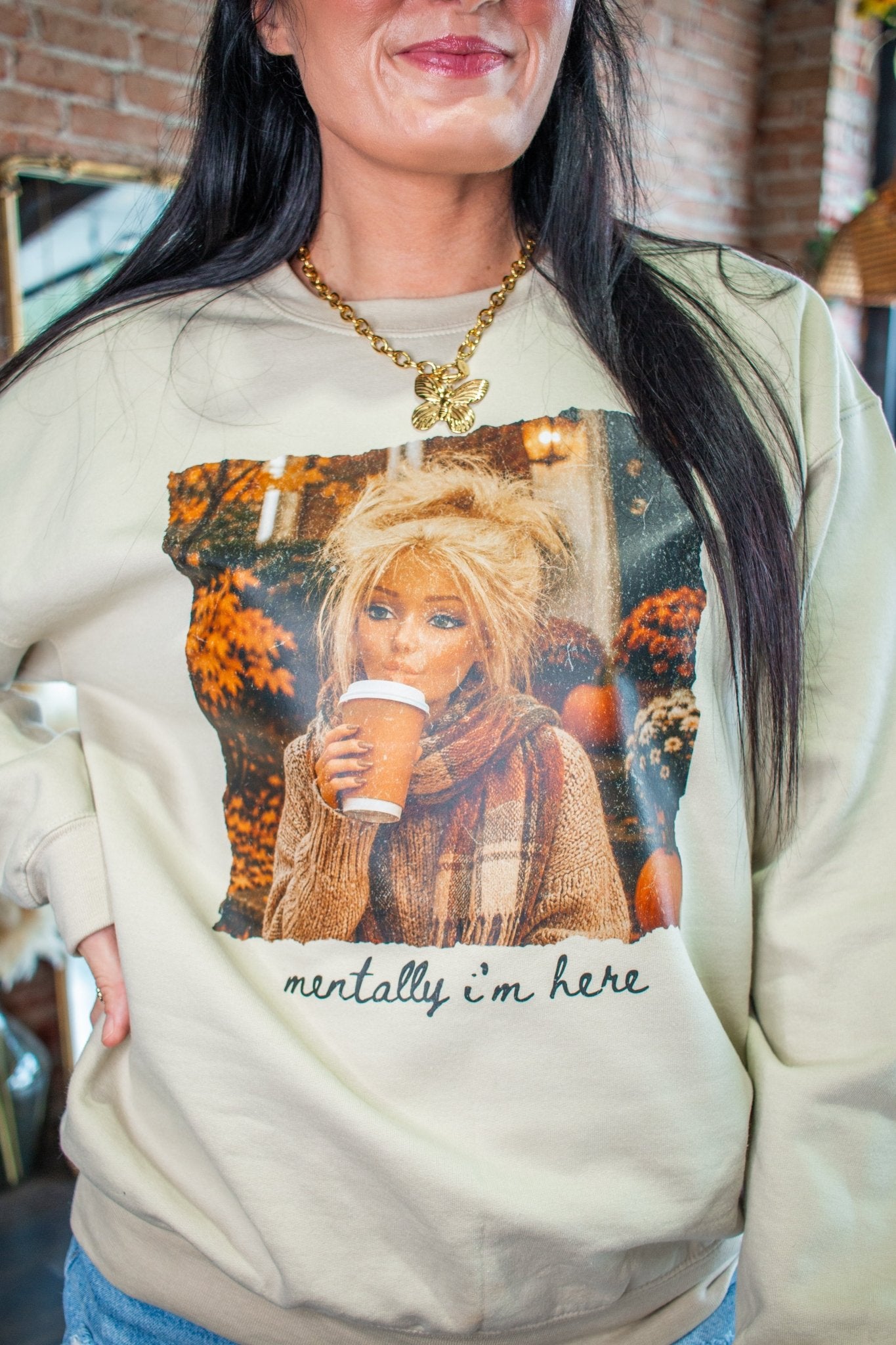 Autumn Barbie Aesthetic "Mentally I’m Here" Graphic Sweatshirt - Southern Chic Tees & Boutique