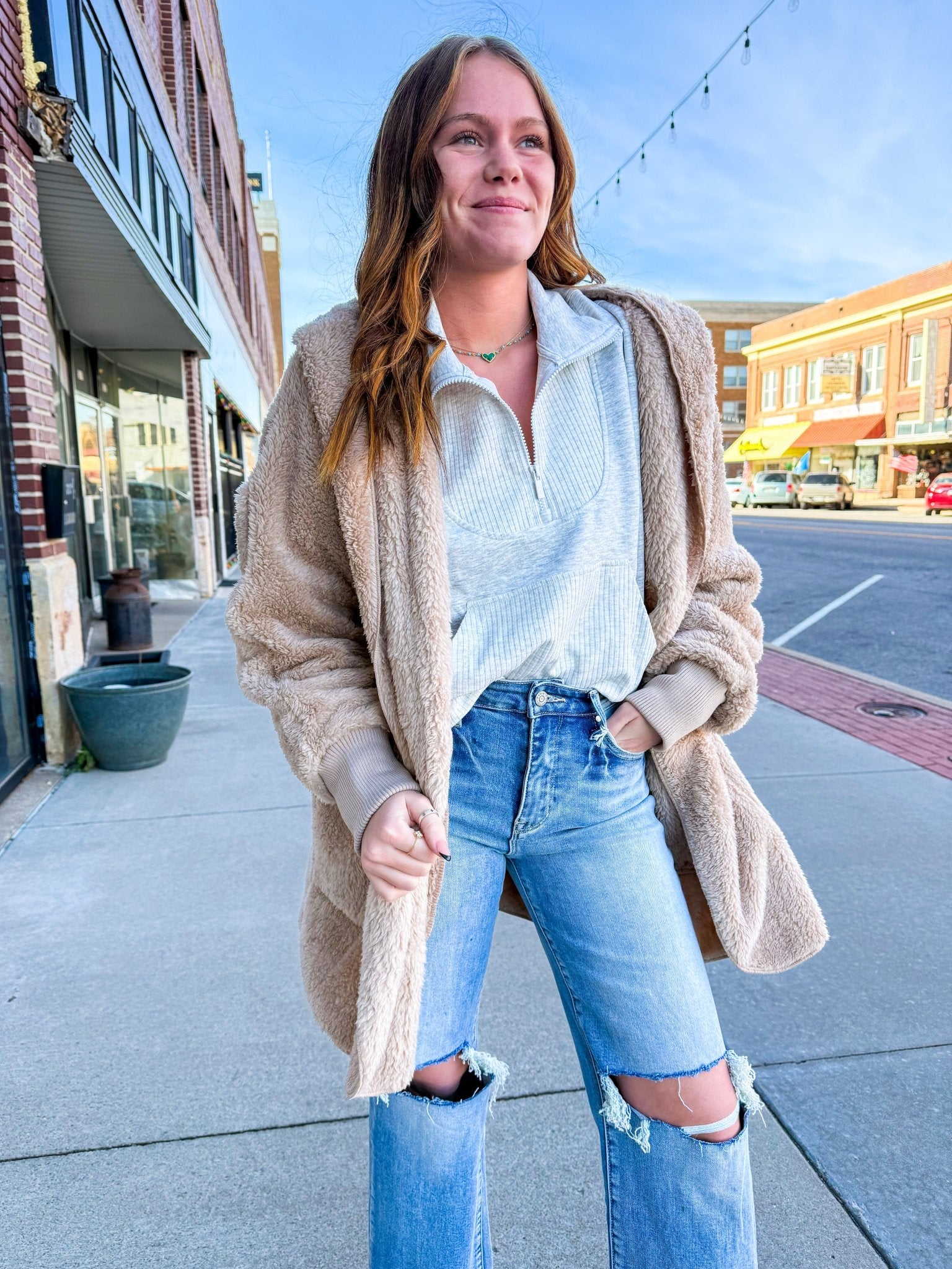 Beige Open Front Fur Jacket - Southern Chic Tees & Boutique