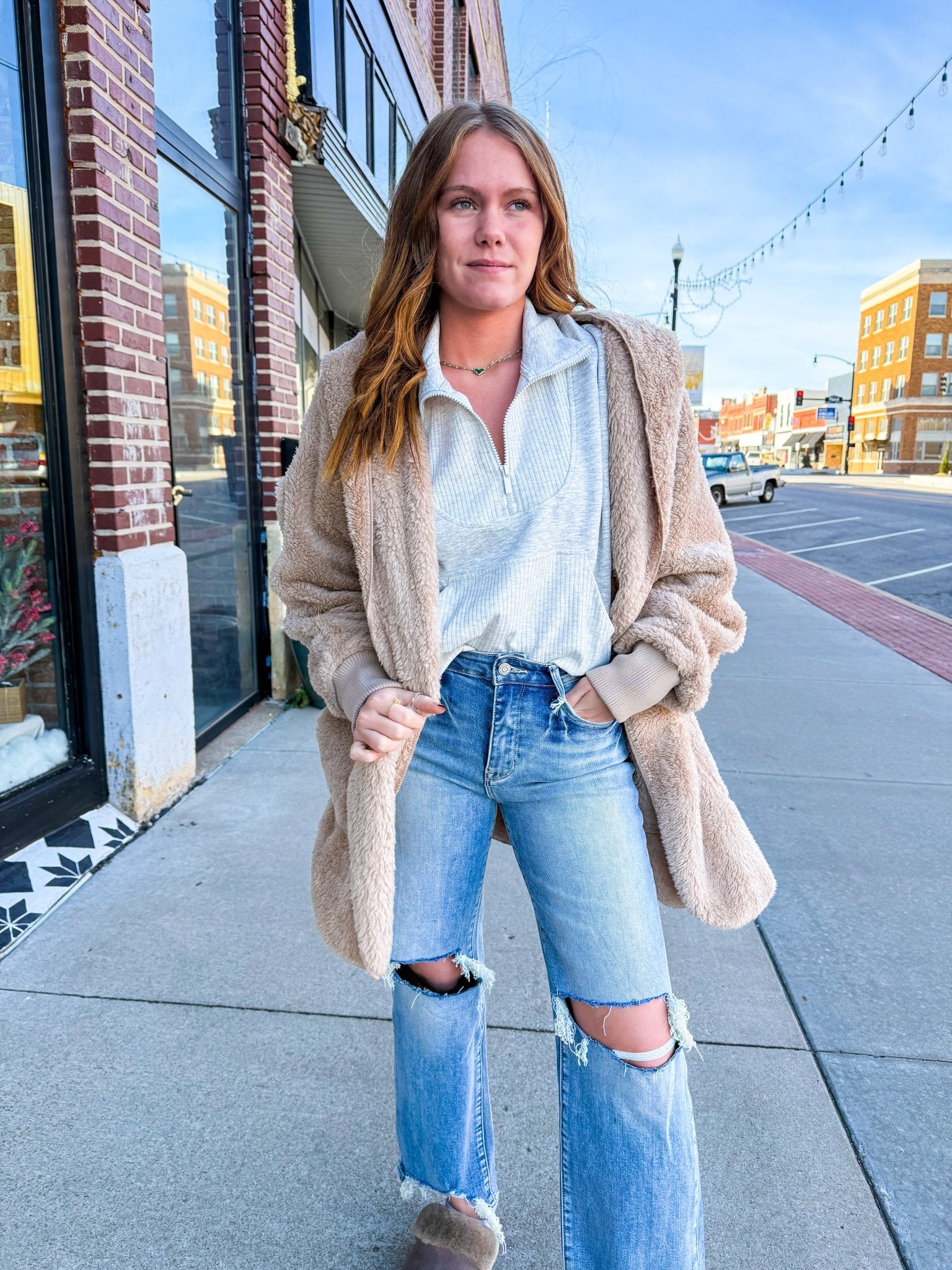 Beige Open Front Fur Jacket - Southern Chic Tees & Boutique