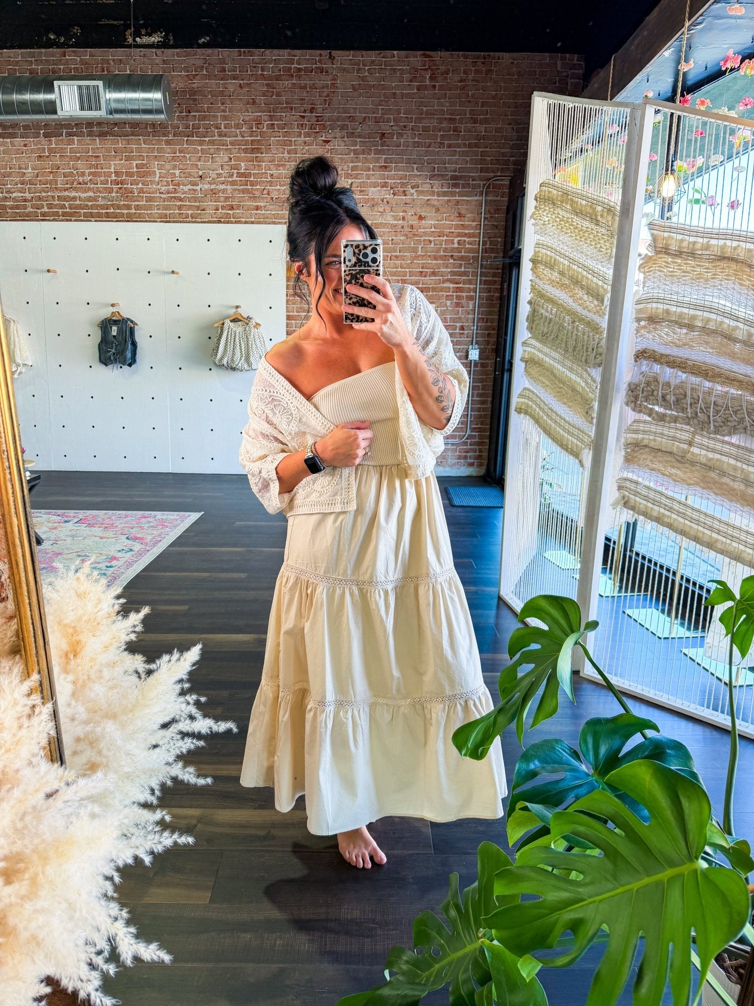 Beige Strapless Mixed Media Tiered Lace Midi Dress - Southern Chic Tees & Boutique