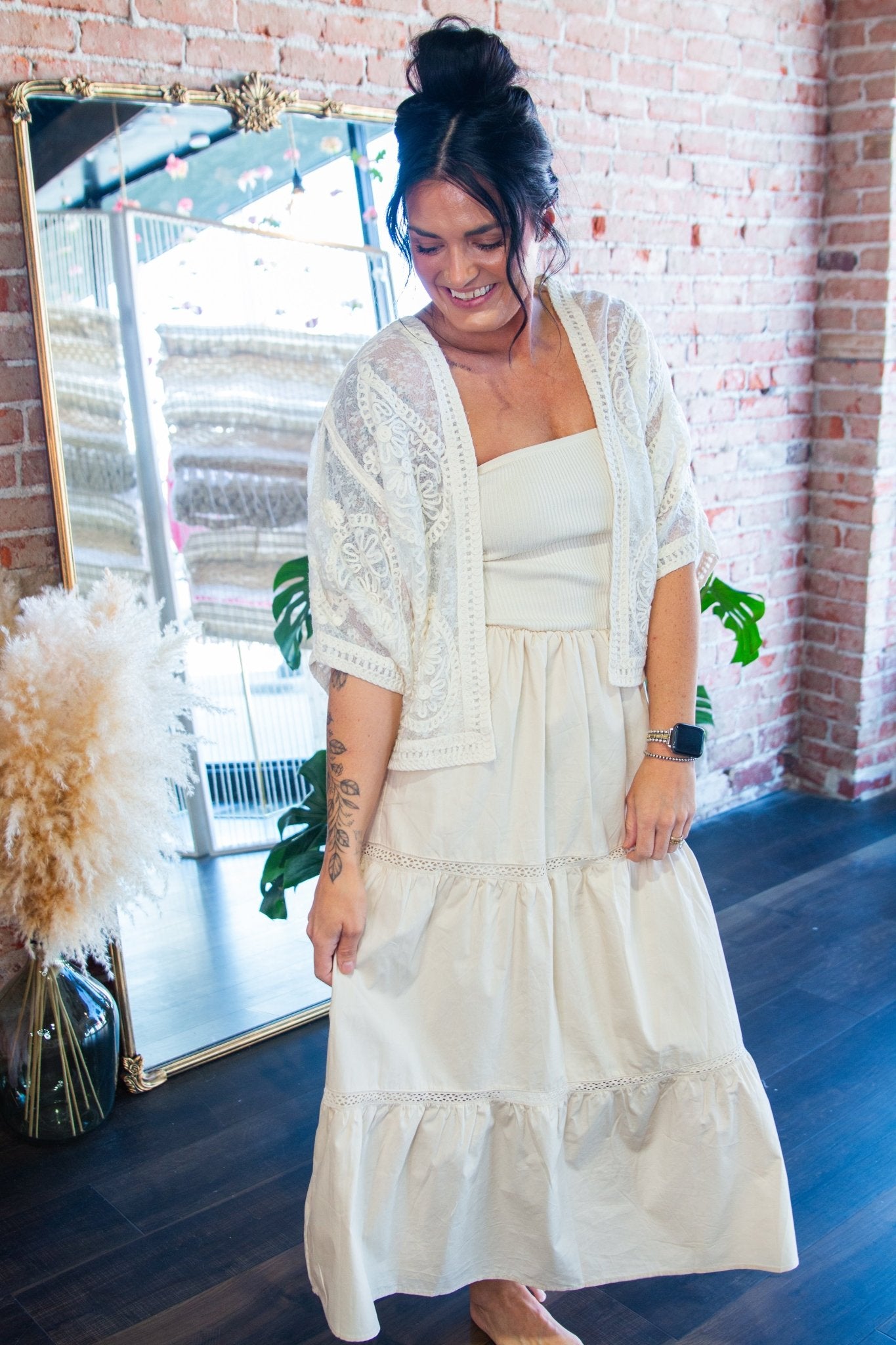Beige Strapless Mixed Media Tiered Lace Midi Dress - Southern Chic Tees & Boutique