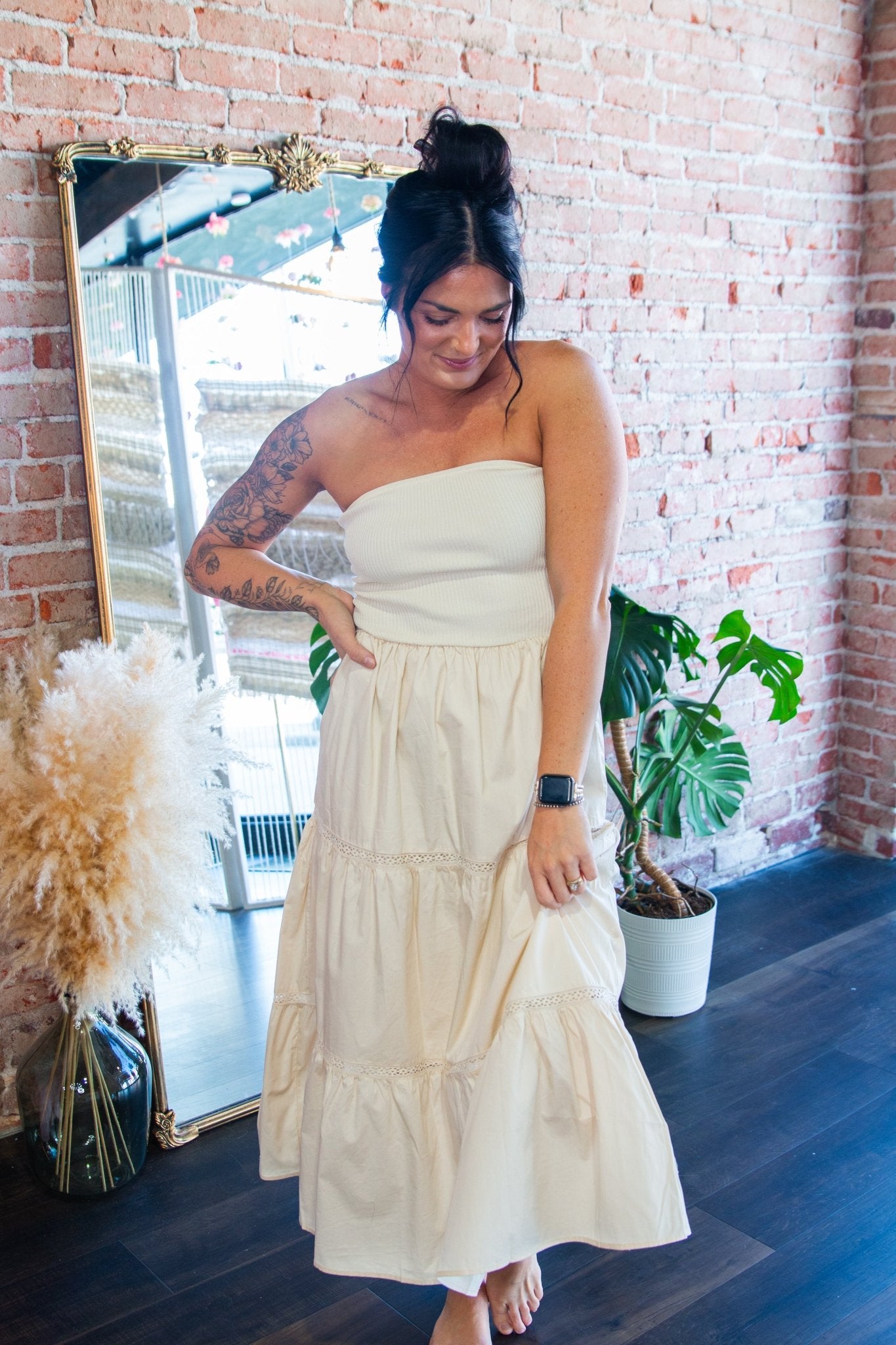 Beige Strapless Mixed Media Tiered Lace Midi Dress - Southern Chic Tees & Boutique