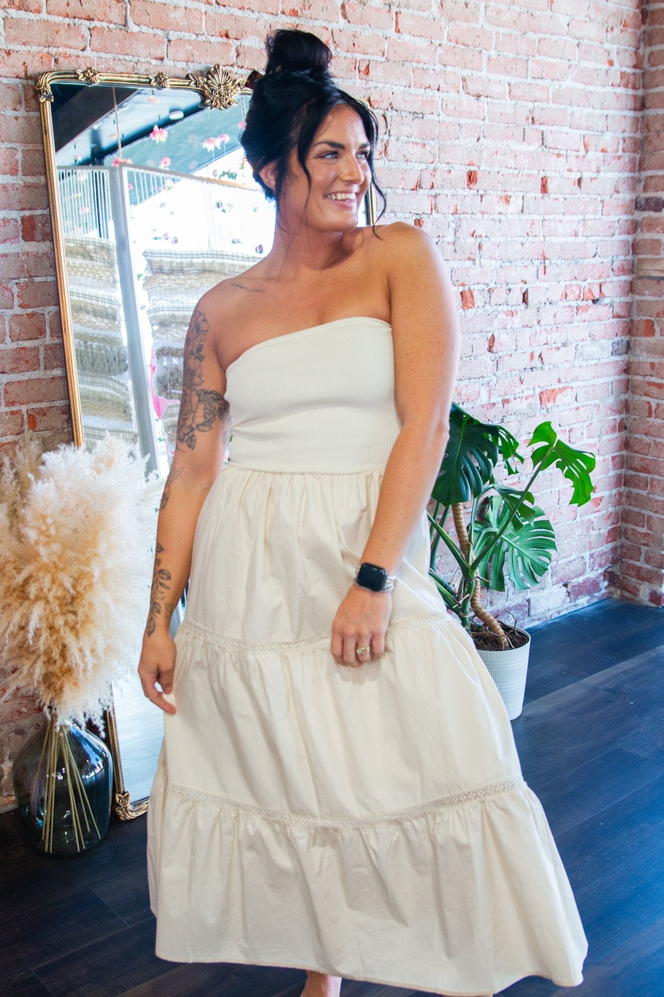 Beige Strapless Mixed Media Tiered Lace Midi Dress - Southern Chic Tees & Boutique