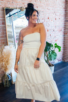 Beige Strapless Mixed Media Tiered Lace Midi Dress - Southern Chic Tees & Boutique