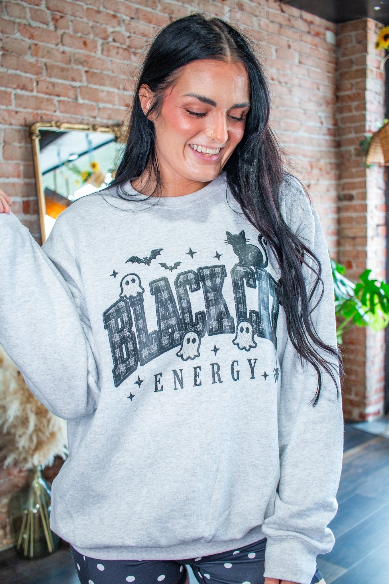 Black Cat Energy Faux Embroidery Graphic Sweatshirt - Southern Chic Tees & Boutique