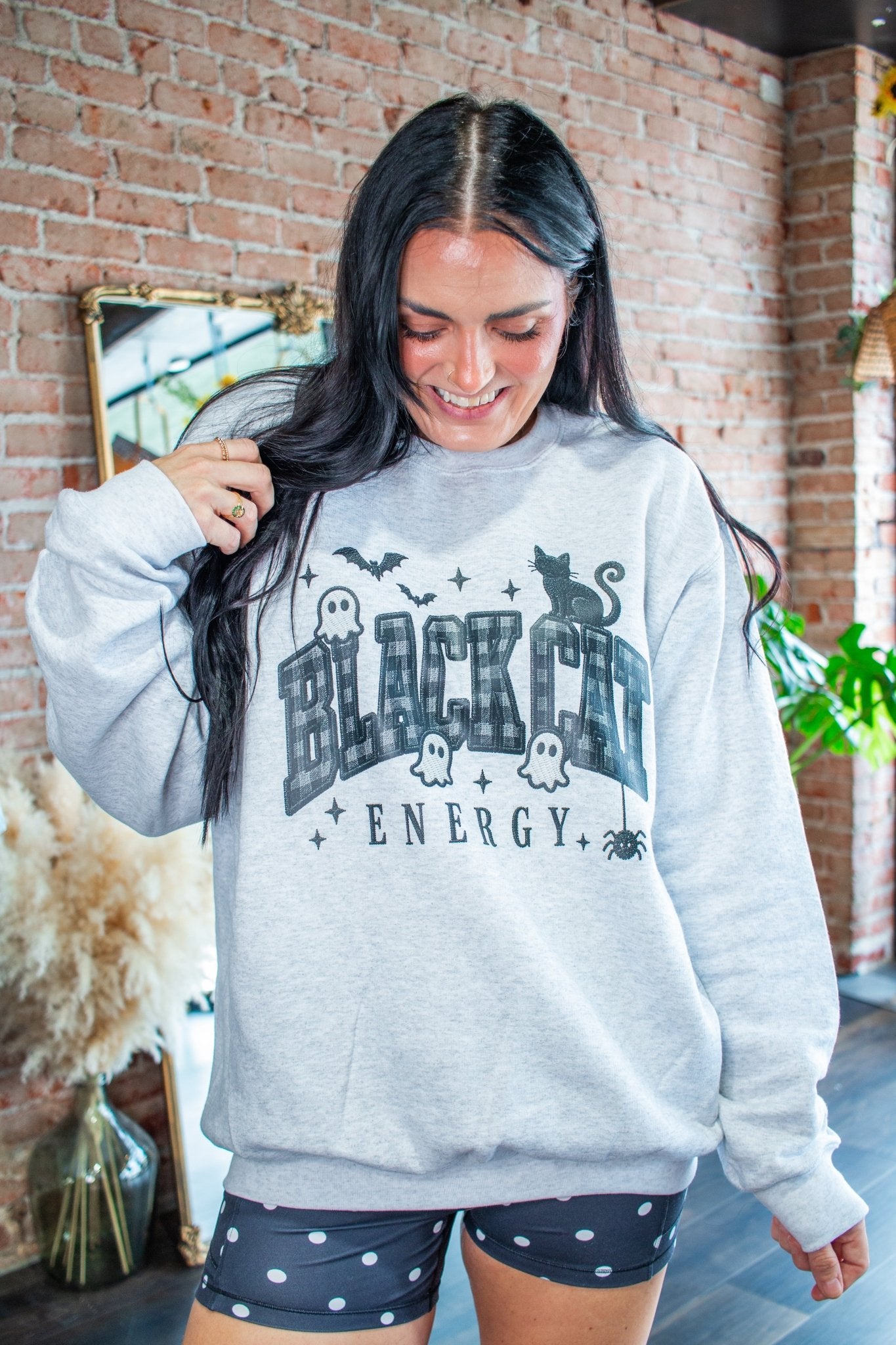 Black Cat Energy Faux Embroidery Graphic Sweatshirt - Southern Chic Tees & Boutique