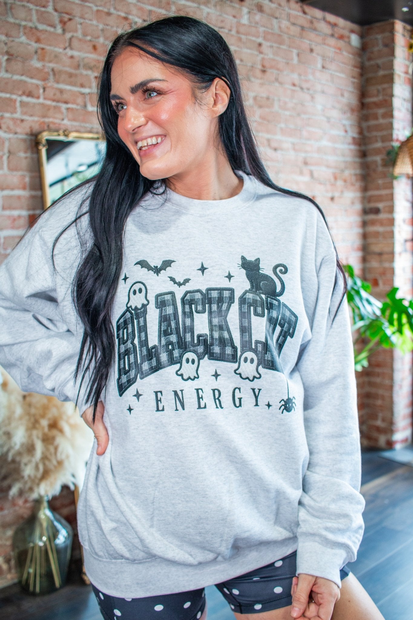 Black Cat Energy Faux Embroidery Graphic Sweatshirt - Southern Chic Tees & Boutique