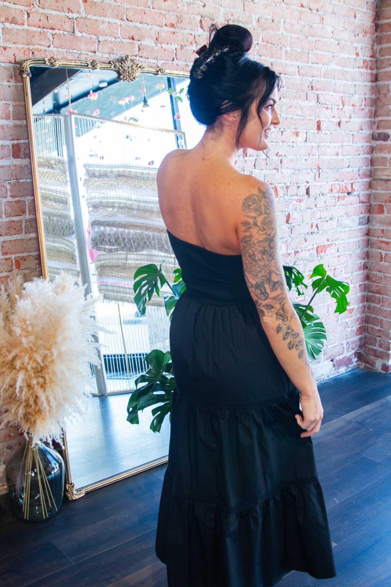 Black Strapless Mixed Media Tiered Lace Midi Dress - Southern Chic Tees & Boutique
