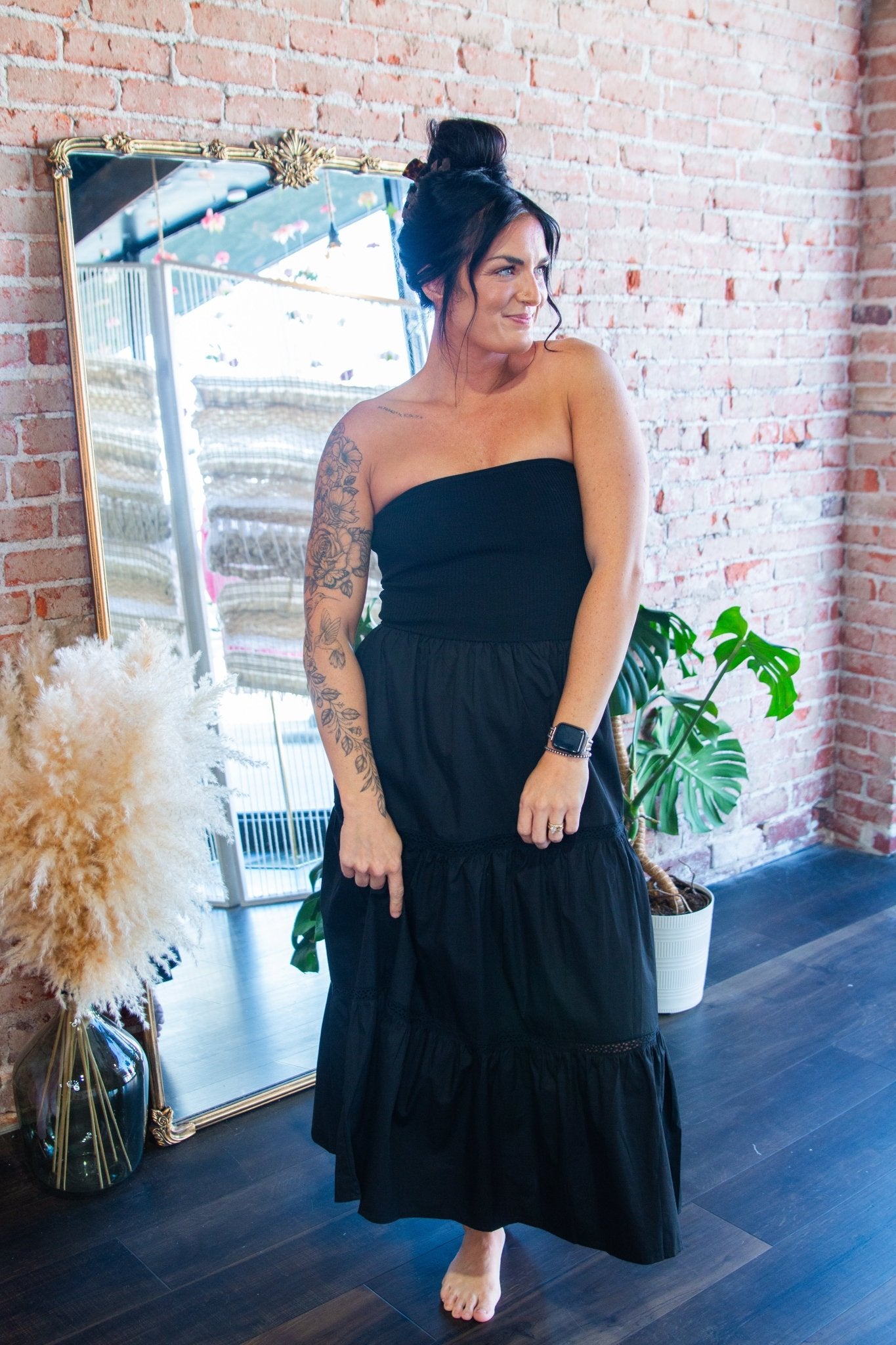 Black Strapless Mixed Media Tiered Lace Midi Dress - Southern Chic Tees & Boutique