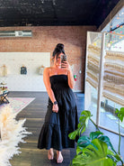 Black Strapless Mixed Media Tiered Lace Midi Dress - Southern Chic Tees & Boutique