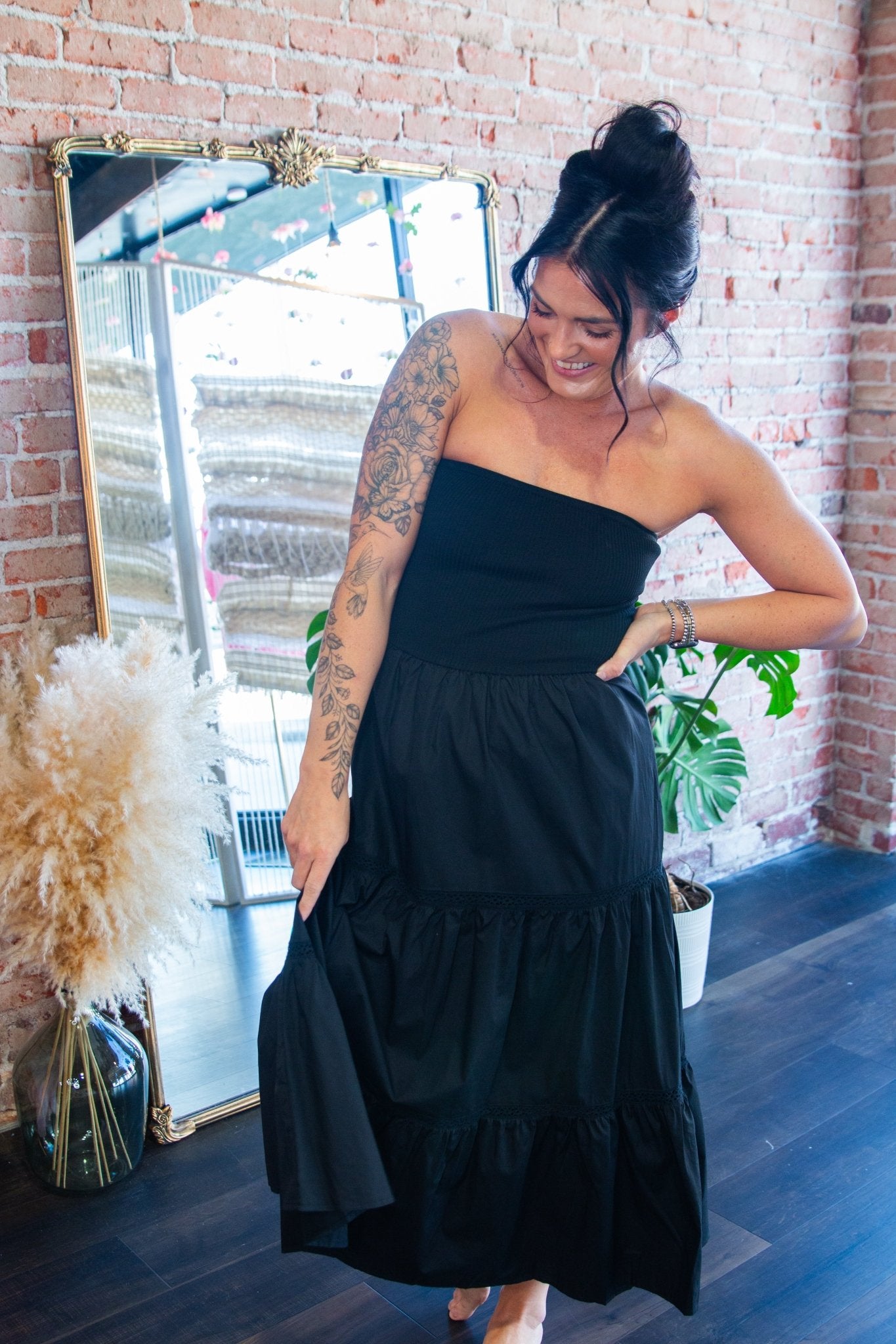 Black Strapless Mixed Media Tiered Lace Midi Dress - Southern Chic Tees & Boutique