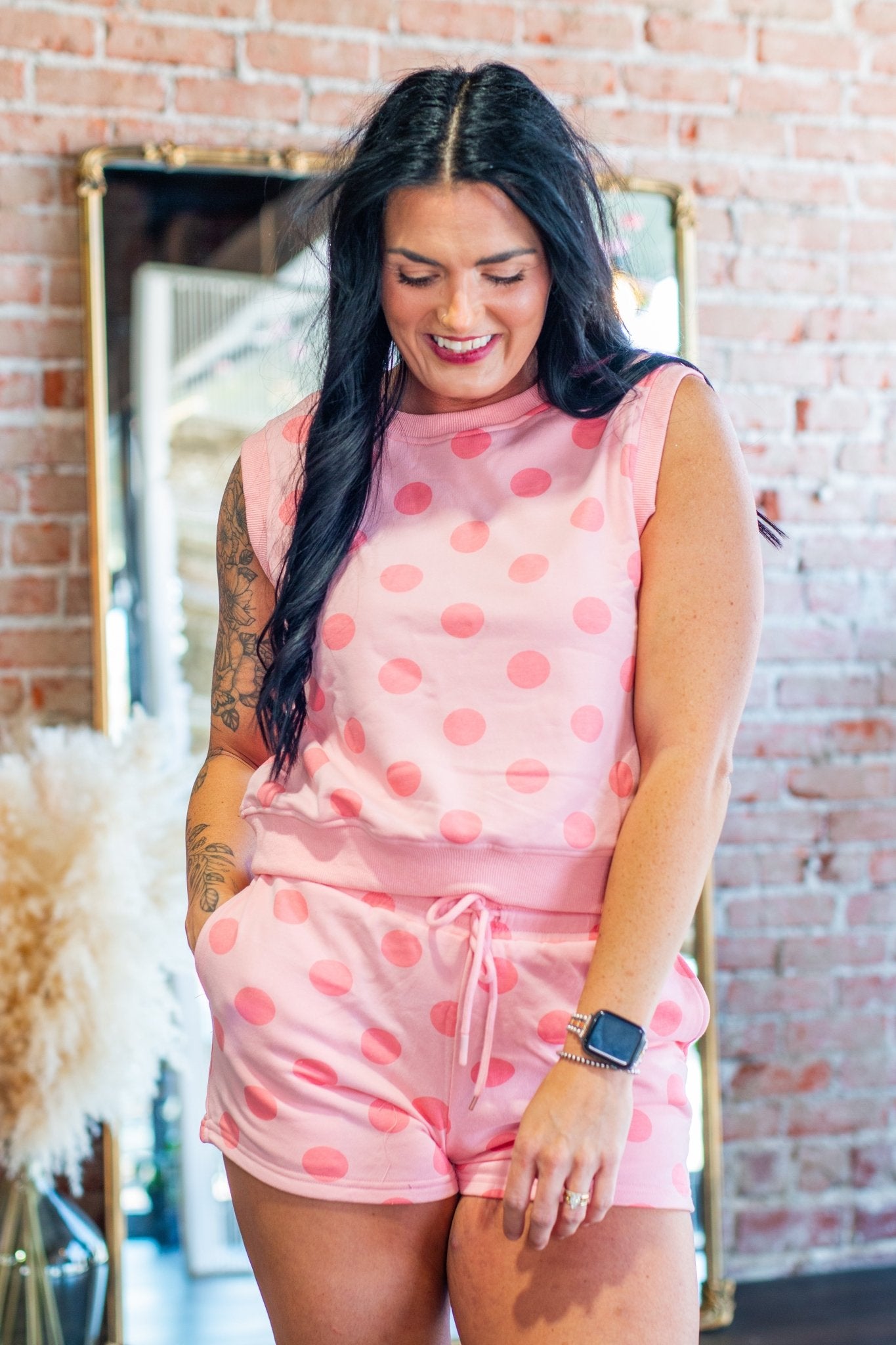 Blush Pink Polka Dot Lounge Set | Muscle Tank & Drawstring Shorts Duo - Southern Chic Tees & Boutique