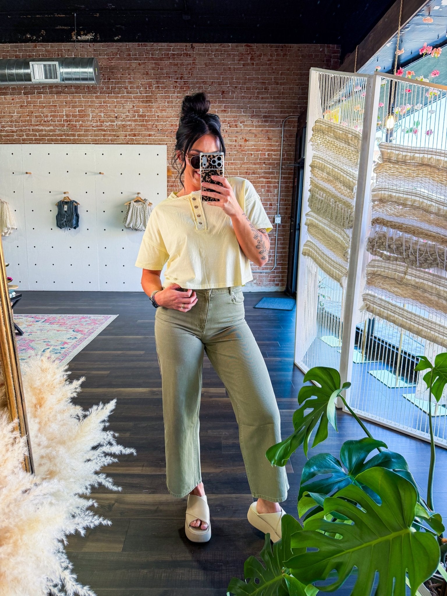 Butter Yellow Boxy Cotton Henley Crop Top - Southern Chic Tees & Boutique