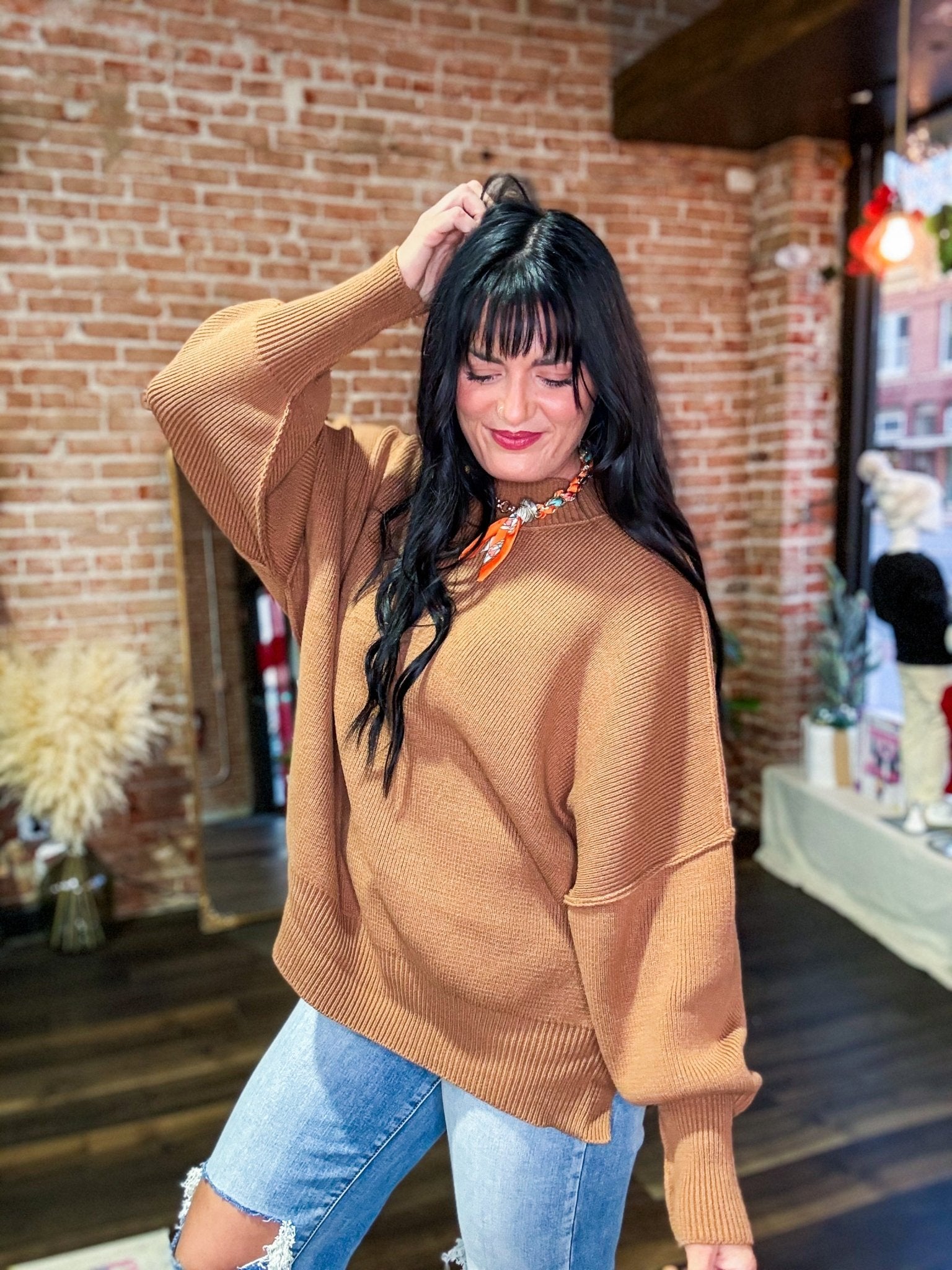 Camel Side Slit Oversized Sweater - Southern Chic Tees & Boutique