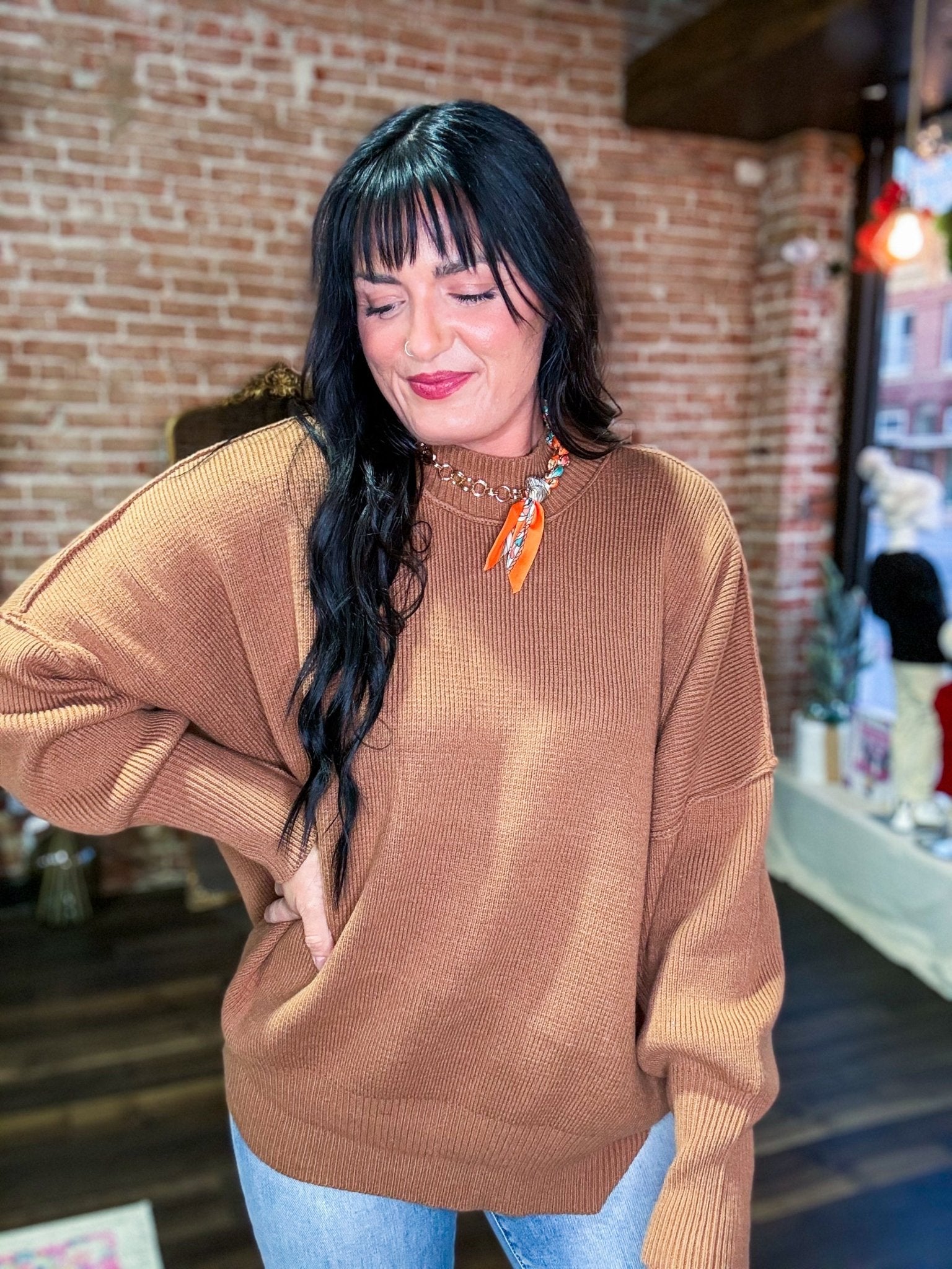 Camel Side Slit Oversized Sweater - Southern Chic Tees & Boutique