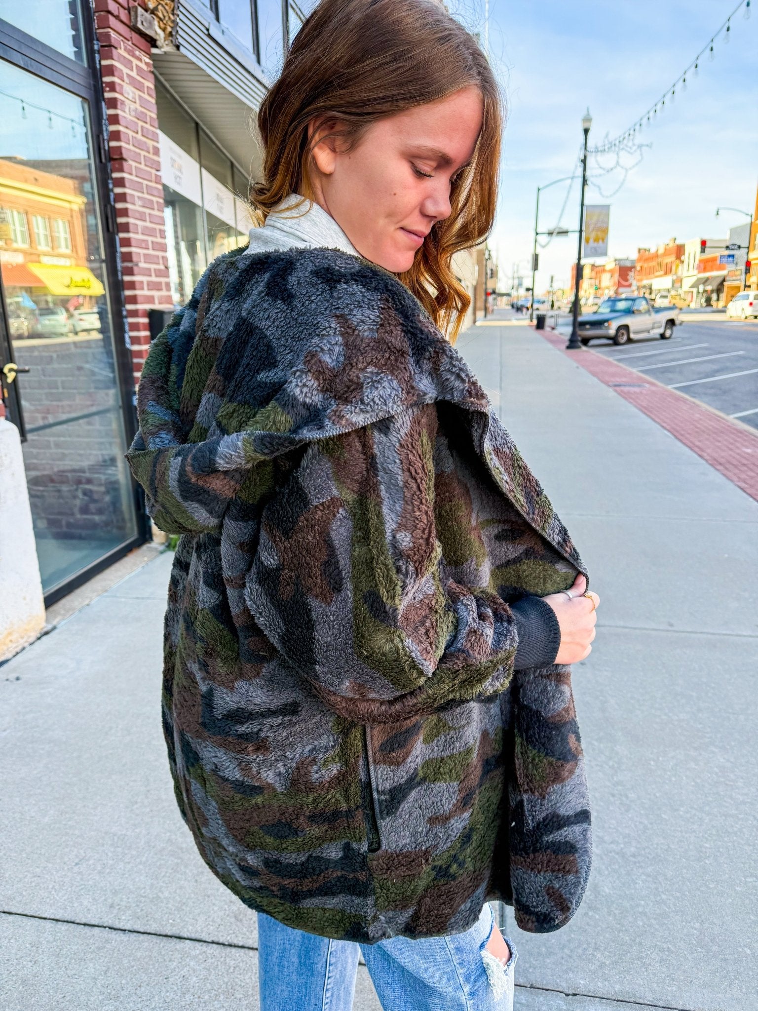 Camo Print Open Front Fur Jacket - Southern Chic Tees & Boutique