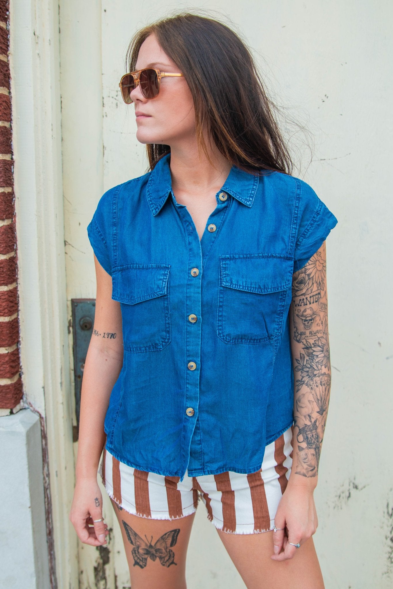 Chambray Button Down Blouse - Southern Chic Tees & Boutique