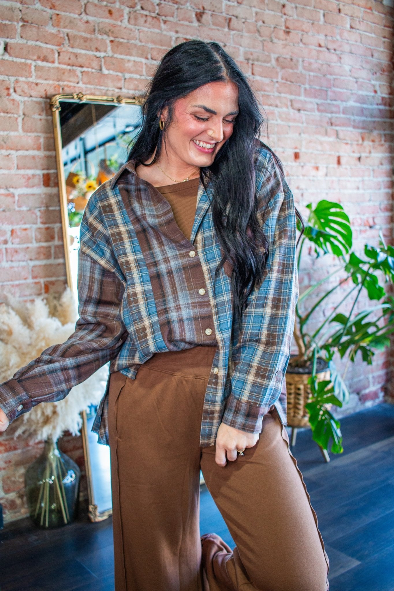 Chocolate Kambrie Relaxed Patchwork Plaid Flannel Shirt - Southern Chic Tees & Boutique