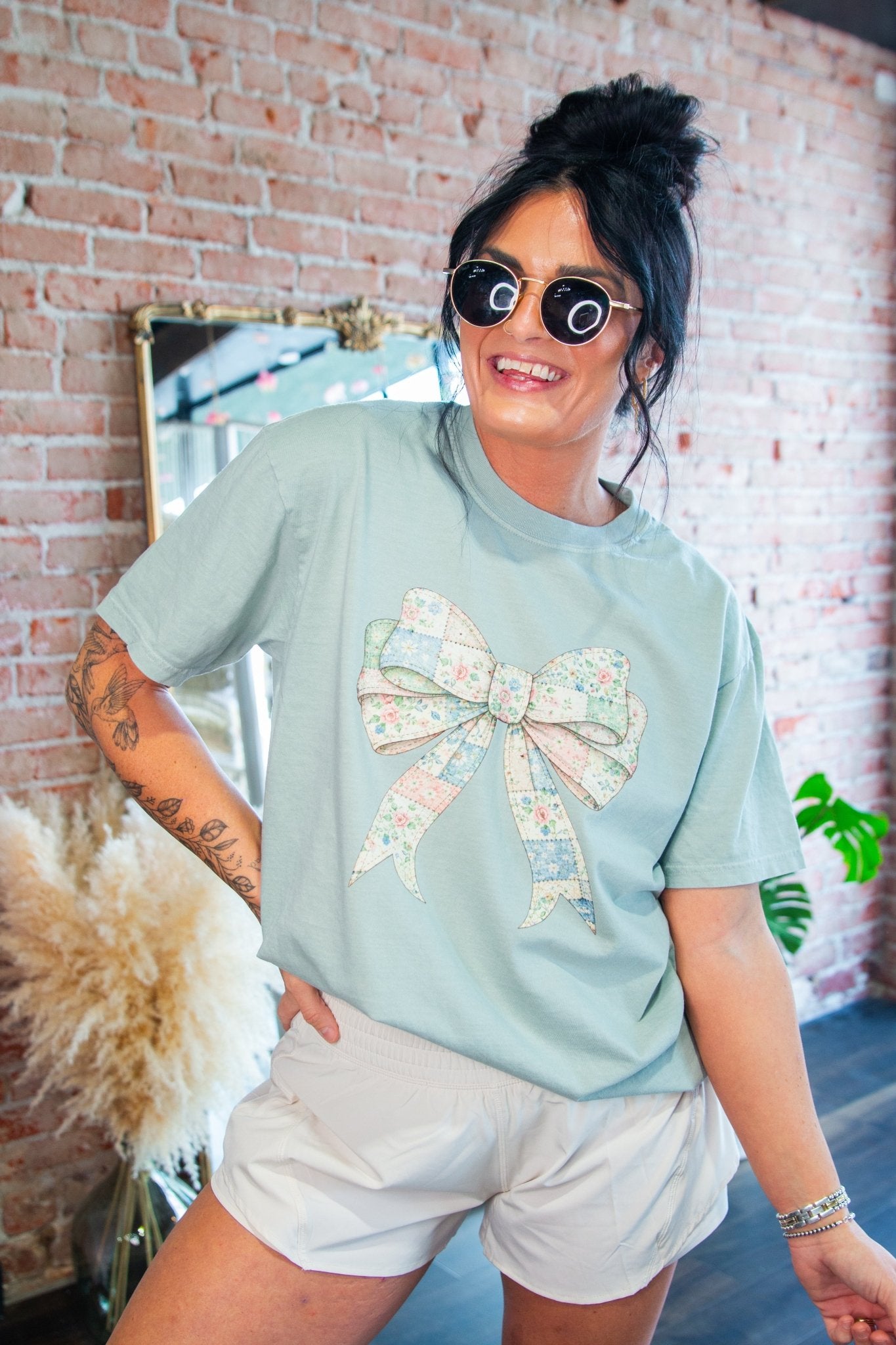 Comfort Colors Coquette Quilted Bow Tee – Vintage Cottagecore Floral Graphic Shirt - Southern Chic Tees & Boutique