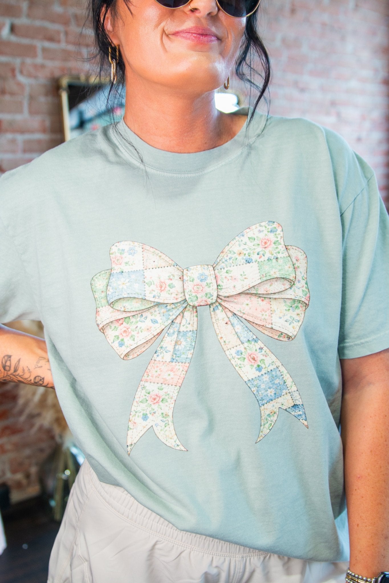 Comfort Colors Coquette Quilted Bow Tee – Vintage Cottagecore Floral Graphic Shirt - Southern Chic Tees & Boutique