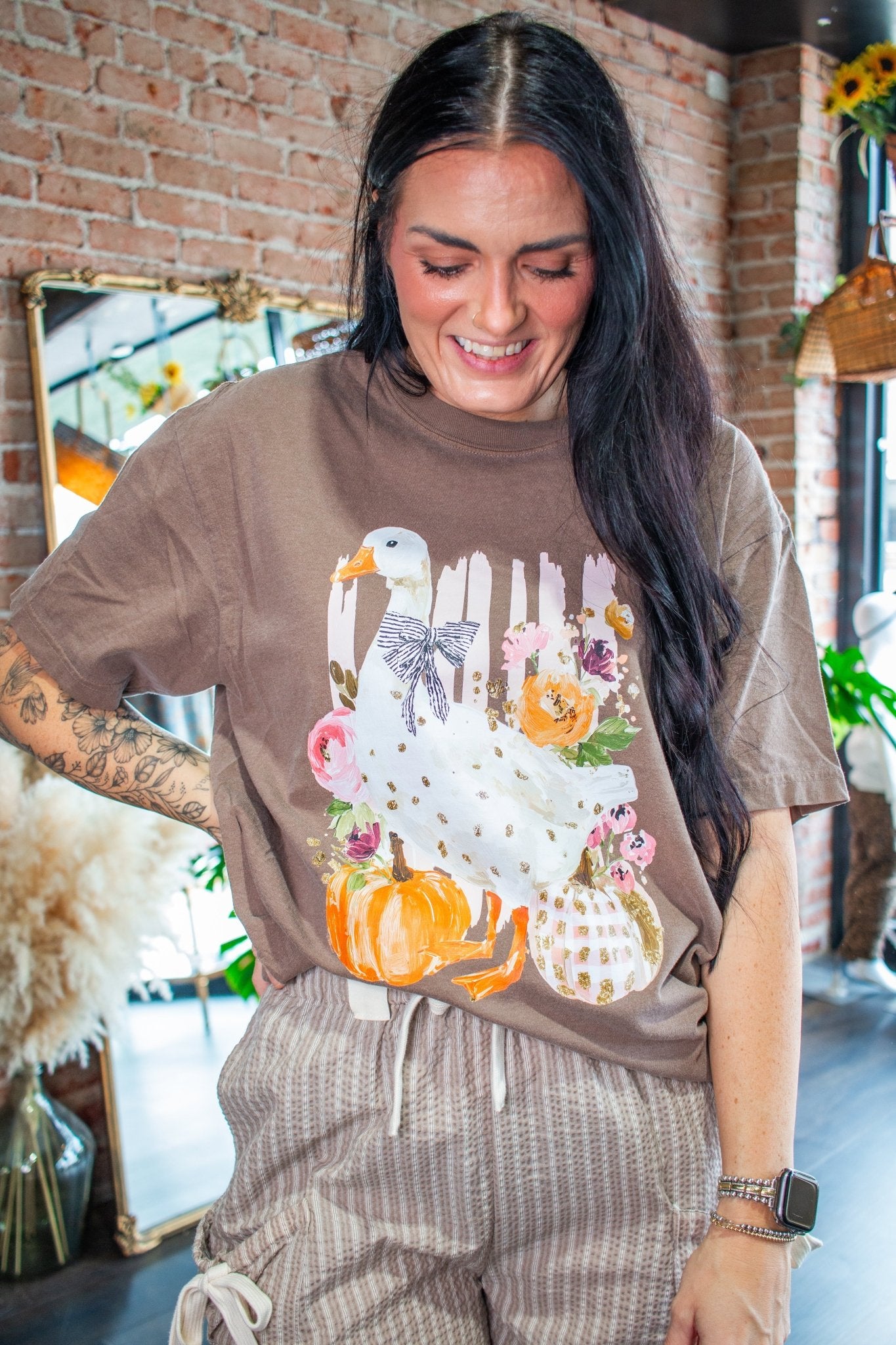 Cottagecore Fall Goose & Pumpkin Graphic Tee - Southern Chic Tees & Boutique
