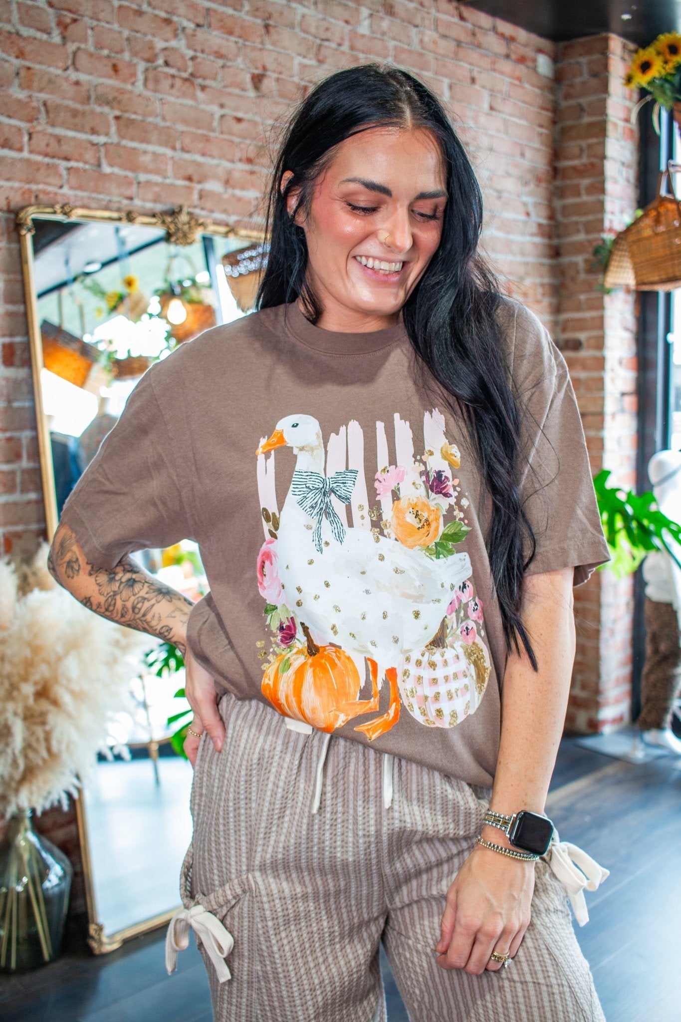 Cottagecore Fall Goose & Pumpkin Graphic Tee - Southern Chic Tees & Boutique