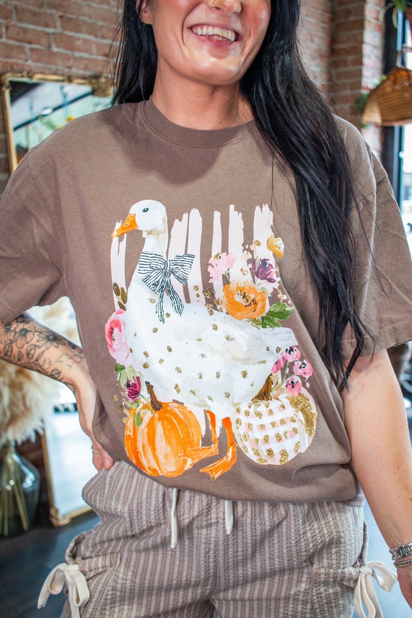 Cottagecore Fall Goose & Pumpkin Graphic Tee - Southern Chic Tees & Boutique