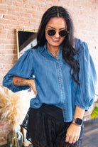 Denim Button Puff Sleeve Blouse - Southern Chic Tees & Boutique