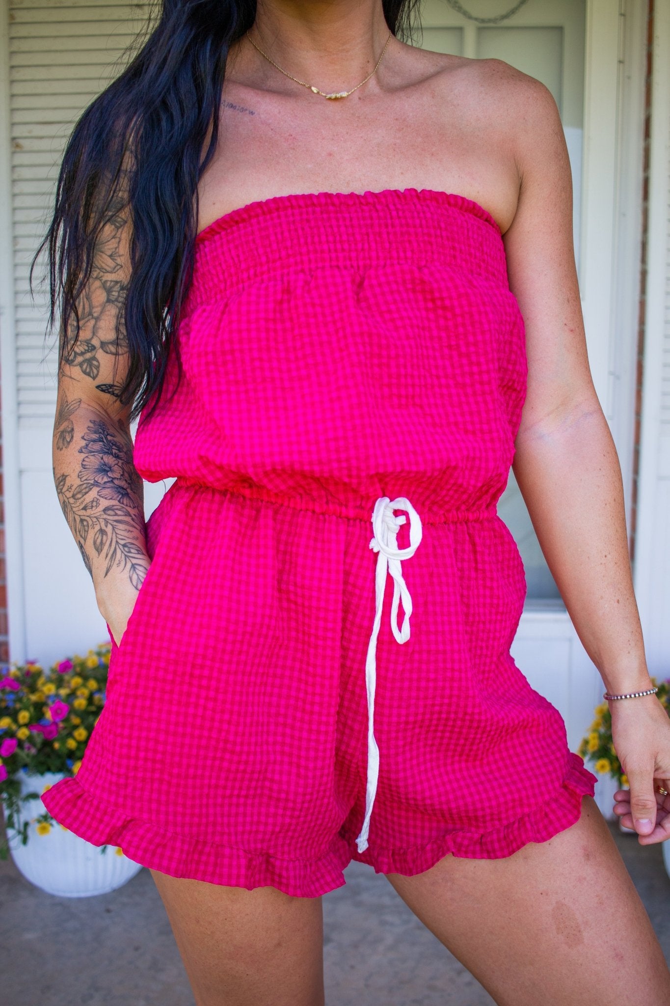 Electric Pink Gingham Smocked Strapless Romper - Southern Chic Tees & Boutique