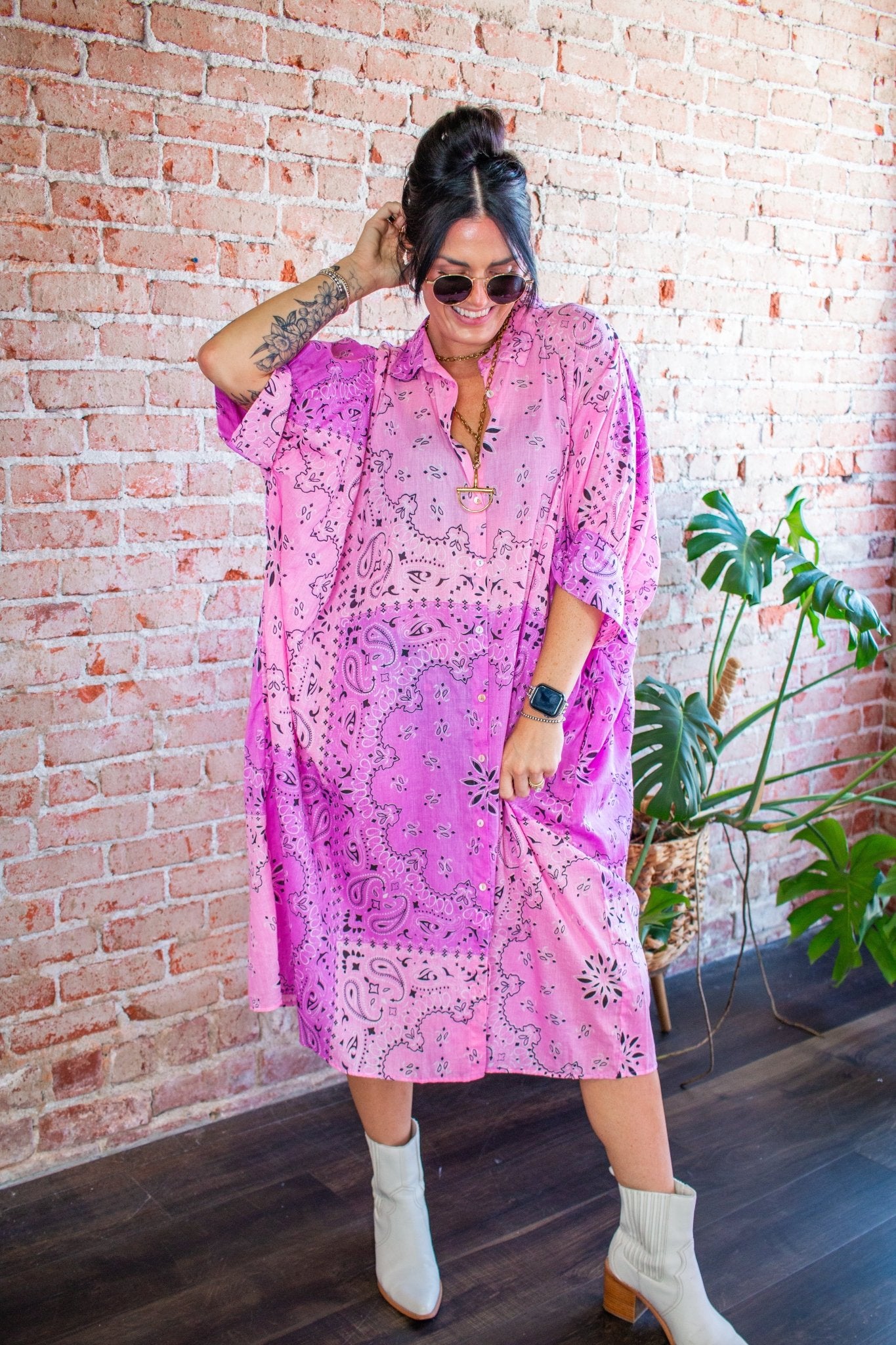 Electric Pink Ombre Bandana Flowy Shirtdress - Southern Chic Tees & Boutique