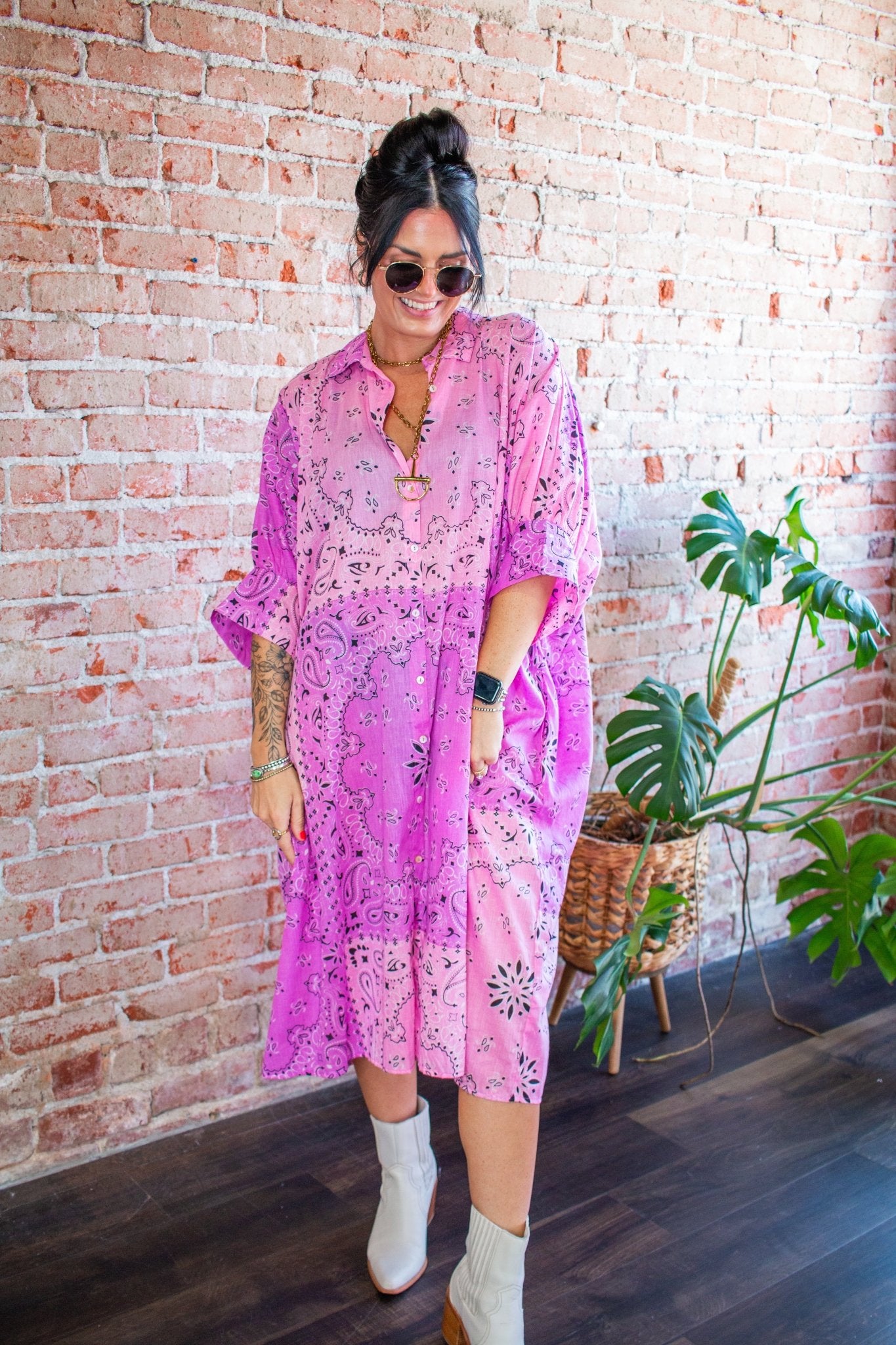 Electric Pink Ombre Bandana Flowy Shirtdress - Southern Chic Tees & Boutique