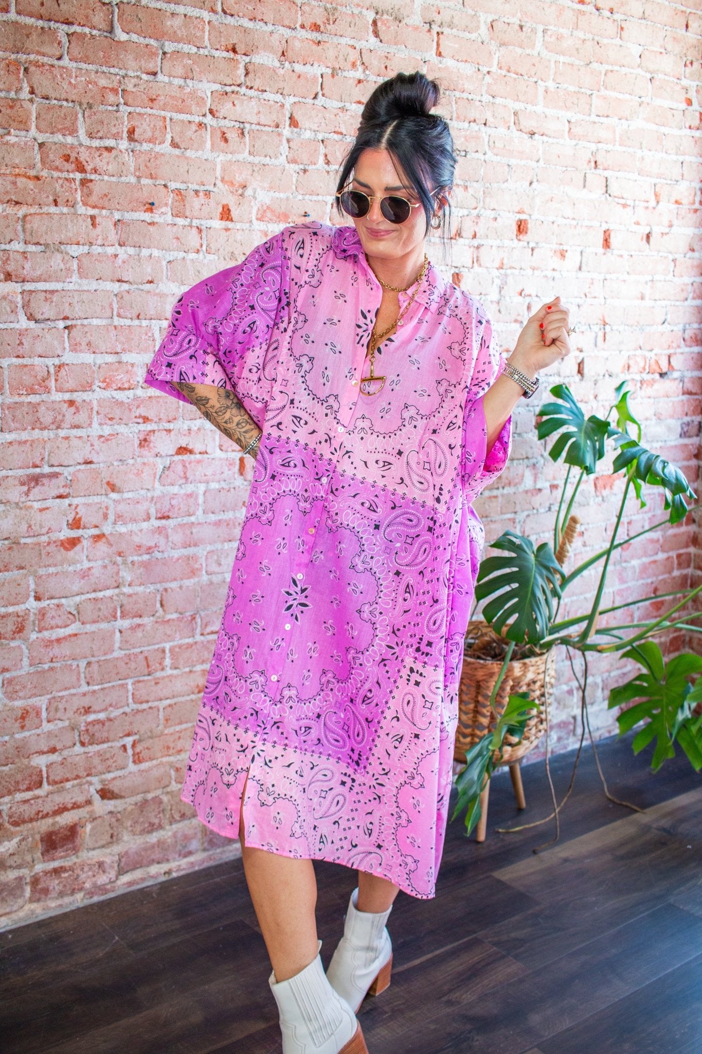 Electric Pink Ombre Bandana Flowy Shirtdress - Southern Chic Tees & Boutique