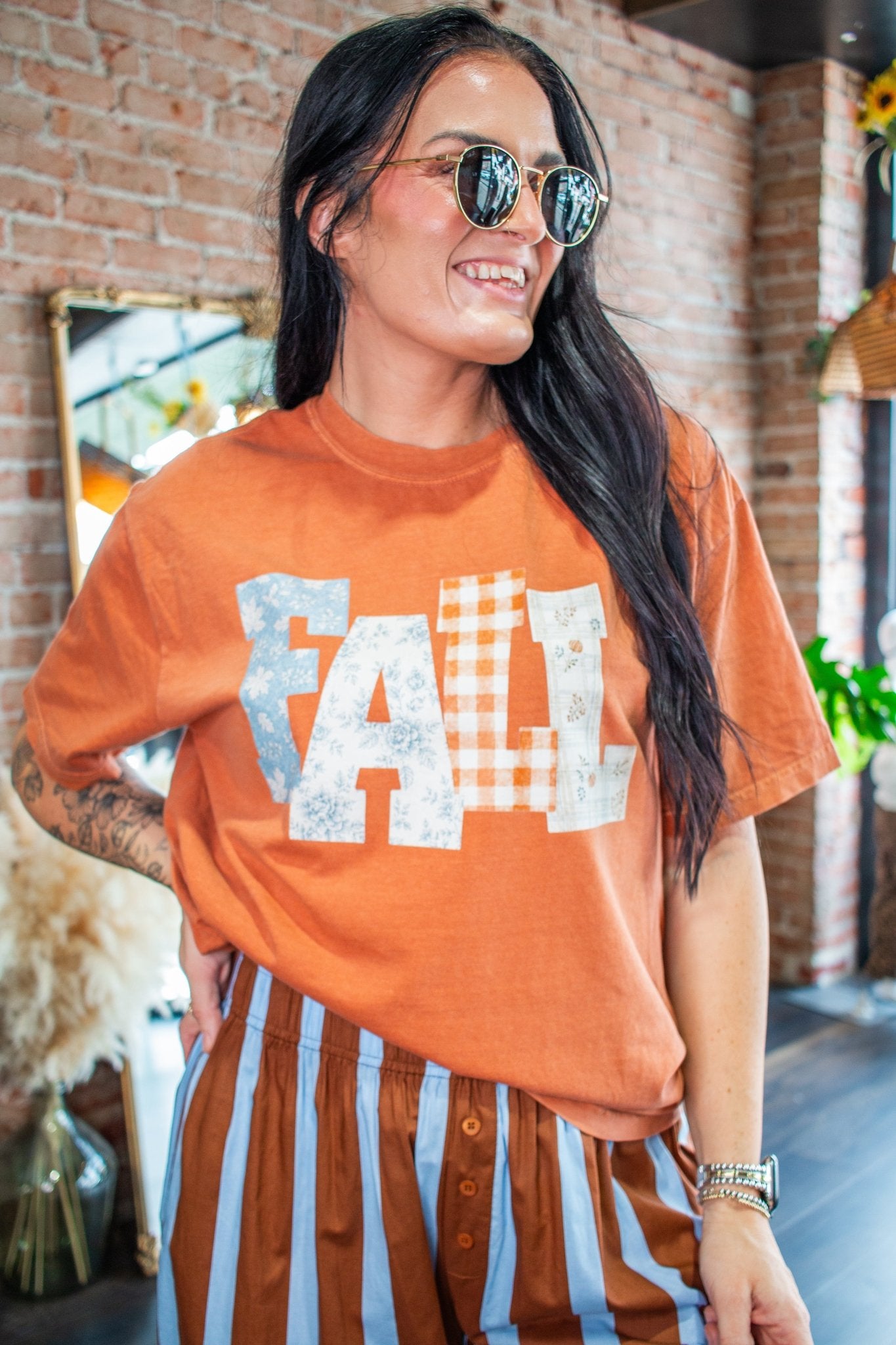 Fall Patchwork Graphic Tee - Cozy Burnt Orange - Southern Chic Tees & Boutique