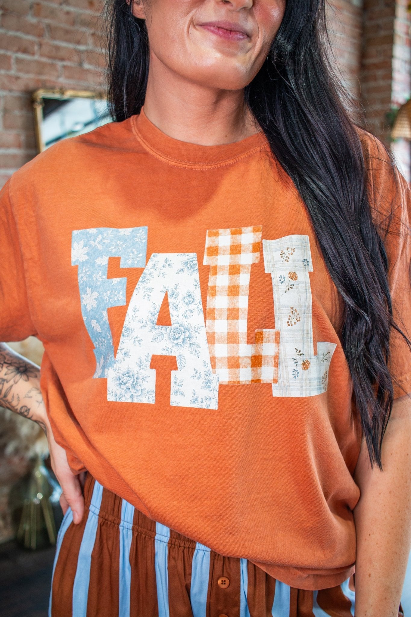 Fall Patchwork Graphic Tee - Cozy Burnt Orange - Southern Chic Tees & Boutique