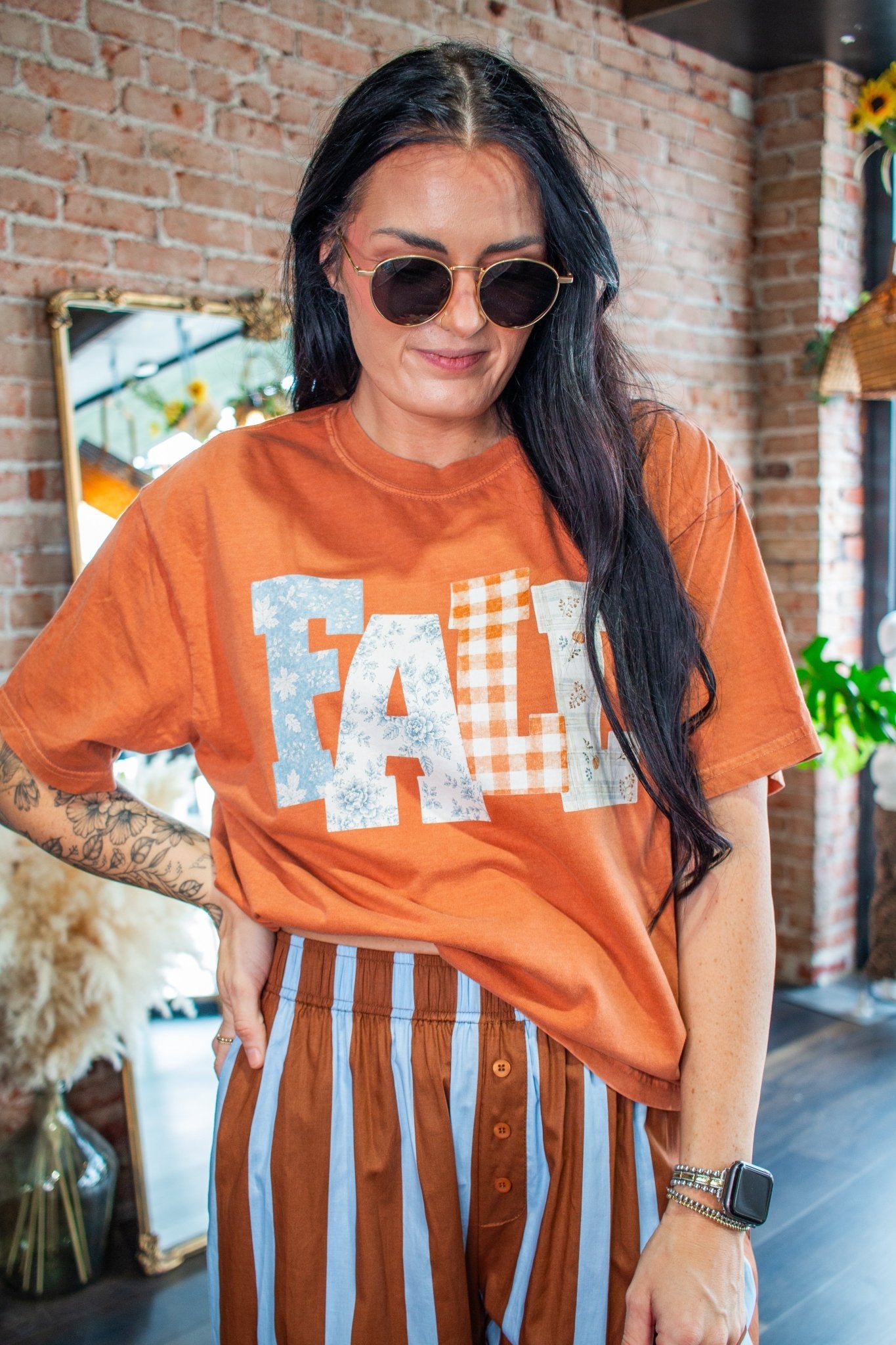 Fall Patchwork Graphic Tee - Cozy Burnt Orange - Southern Chic Tees & Boutique