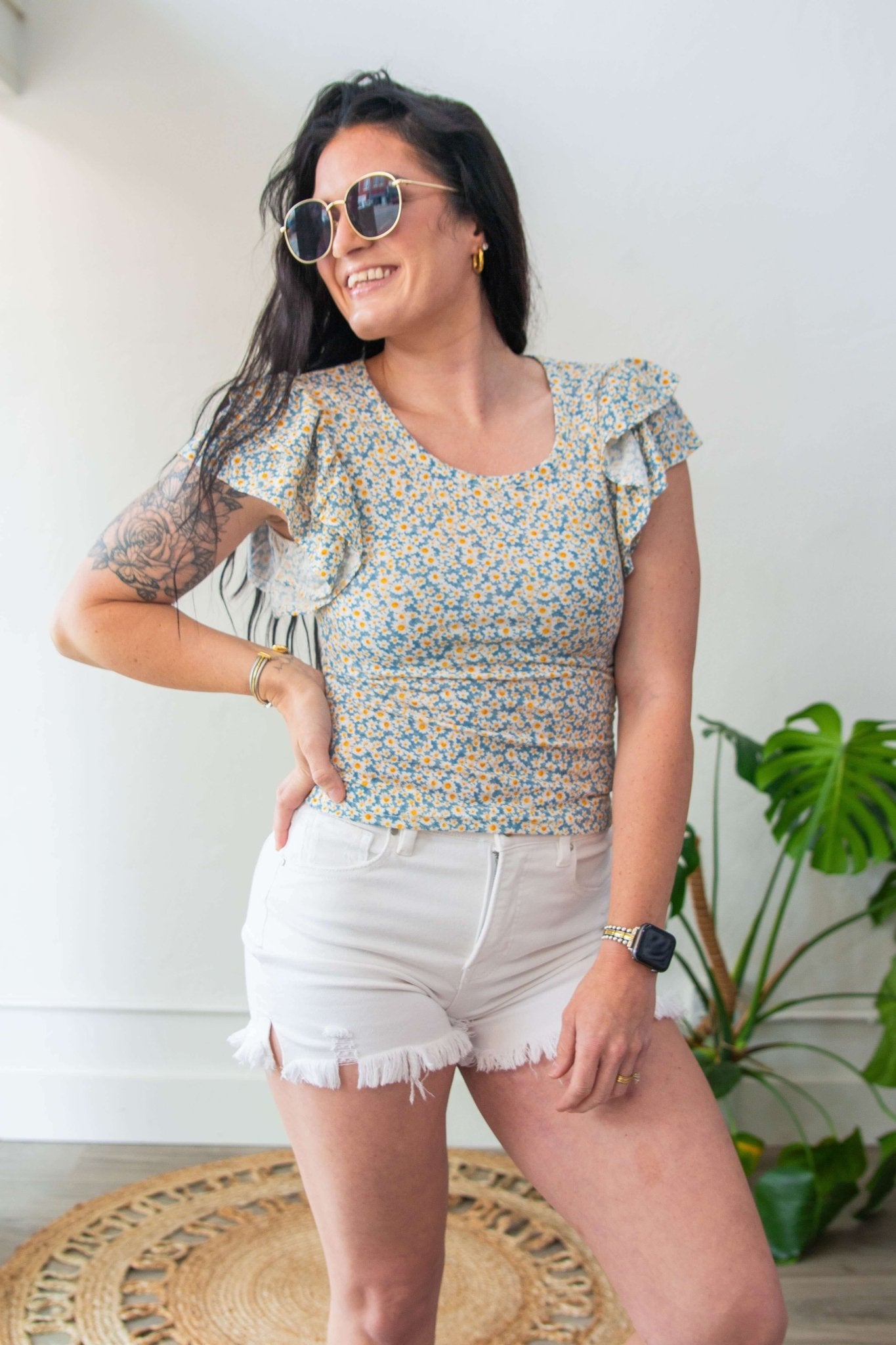 Floral Print Ruffle Sleeve Blouse - Southern Chic Tees & Boutique